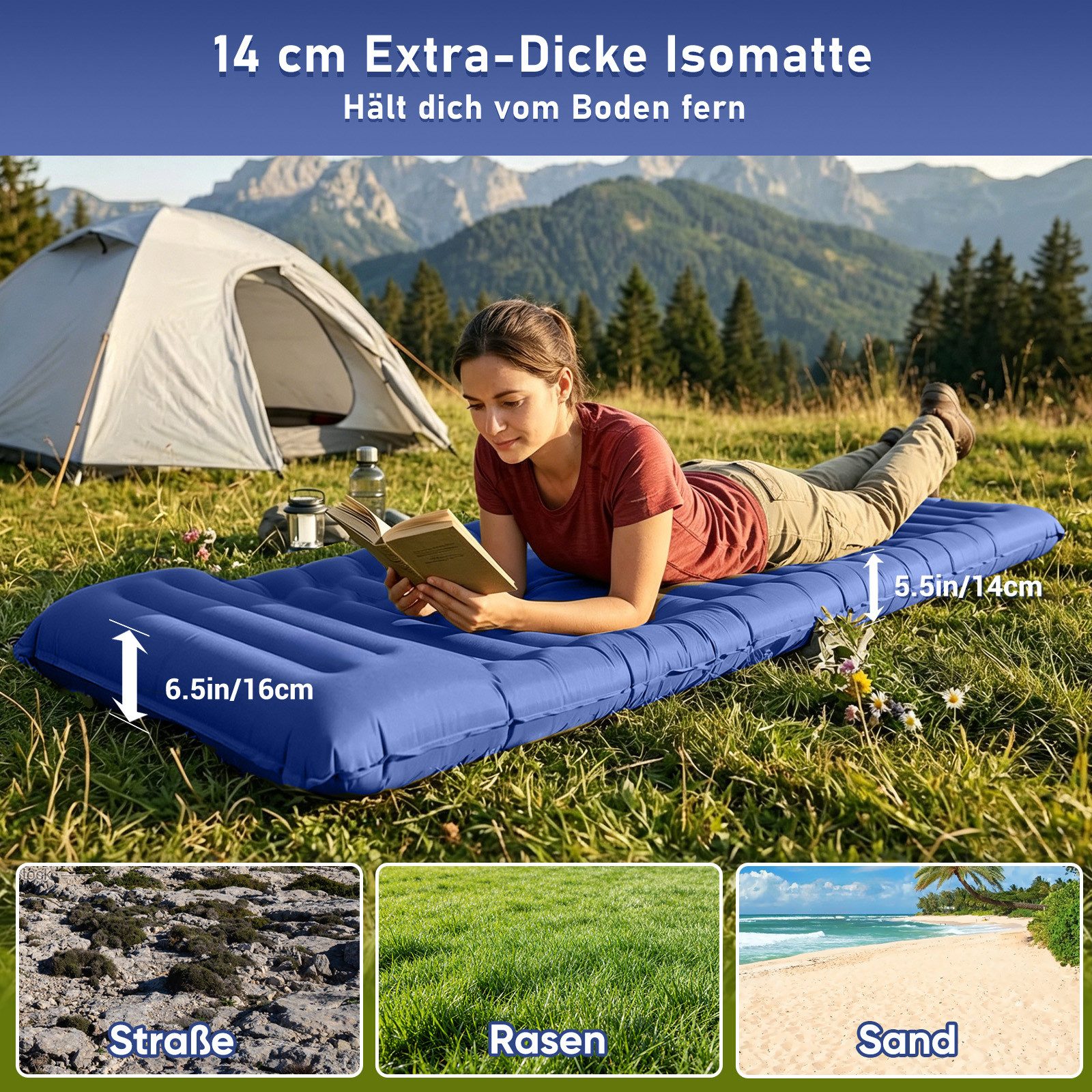 Elegear Isomatte isomatte selbstaufblasend 12/14cm Campingmatte Outdoor, 195×65/138CM, (1-tlg), mit Fußpumpe, leicht zu tragen, camping zubehör, für Wandern, Zelt