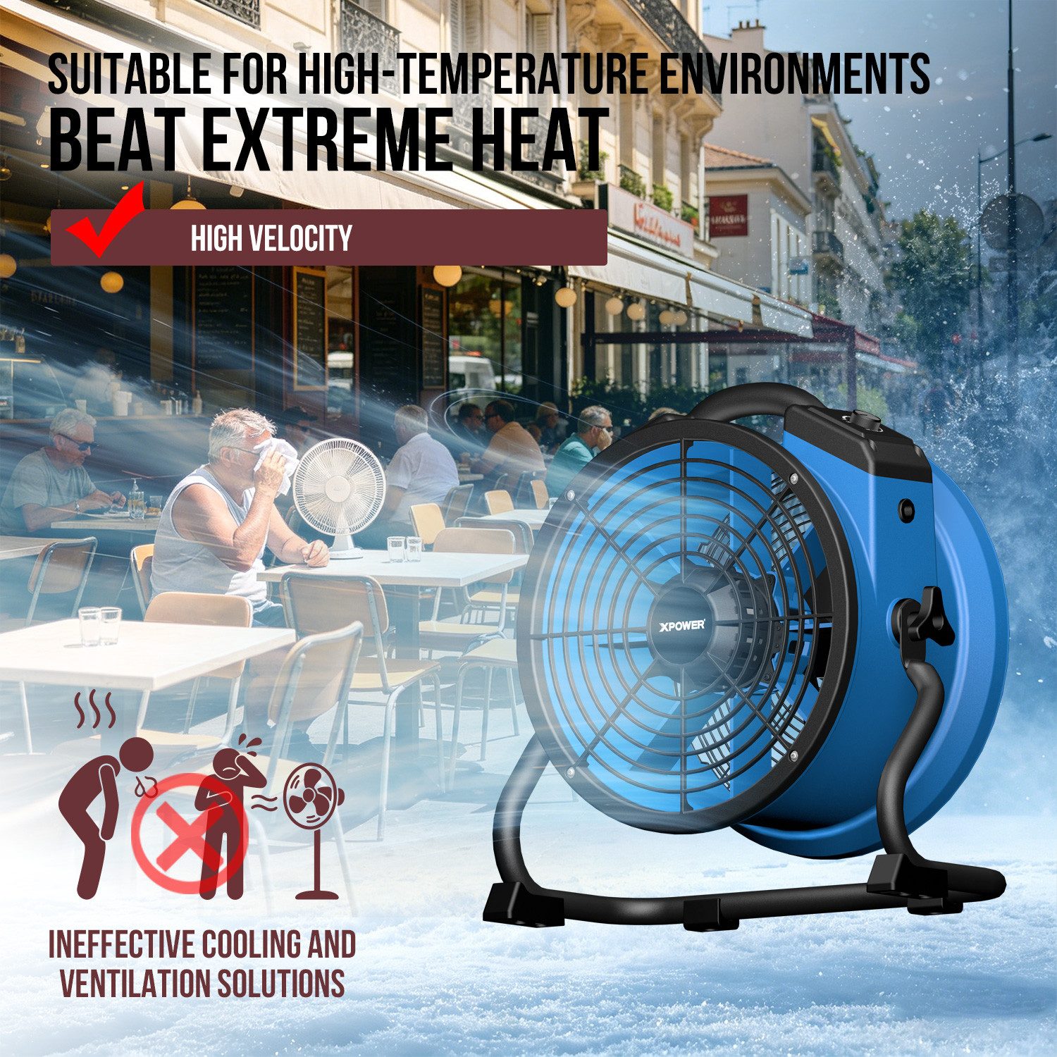 XPOWER Tischventilator X-35AR Hochtemperaturbeständiger 13" Industrie Axiallüfter & Steckdose, Hitzebeständig (bis 80°C), fokussierter Weitstrecken-Luftstrom (18m)