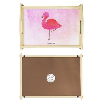 Mr. & Mrs. Panda Tablett Flamingo Classic - Aquarell Pink - Geschenk, Dekotablett, Freundin, K, Echtholz lasiert, (1-tlg), Anti-Rutsch Pads