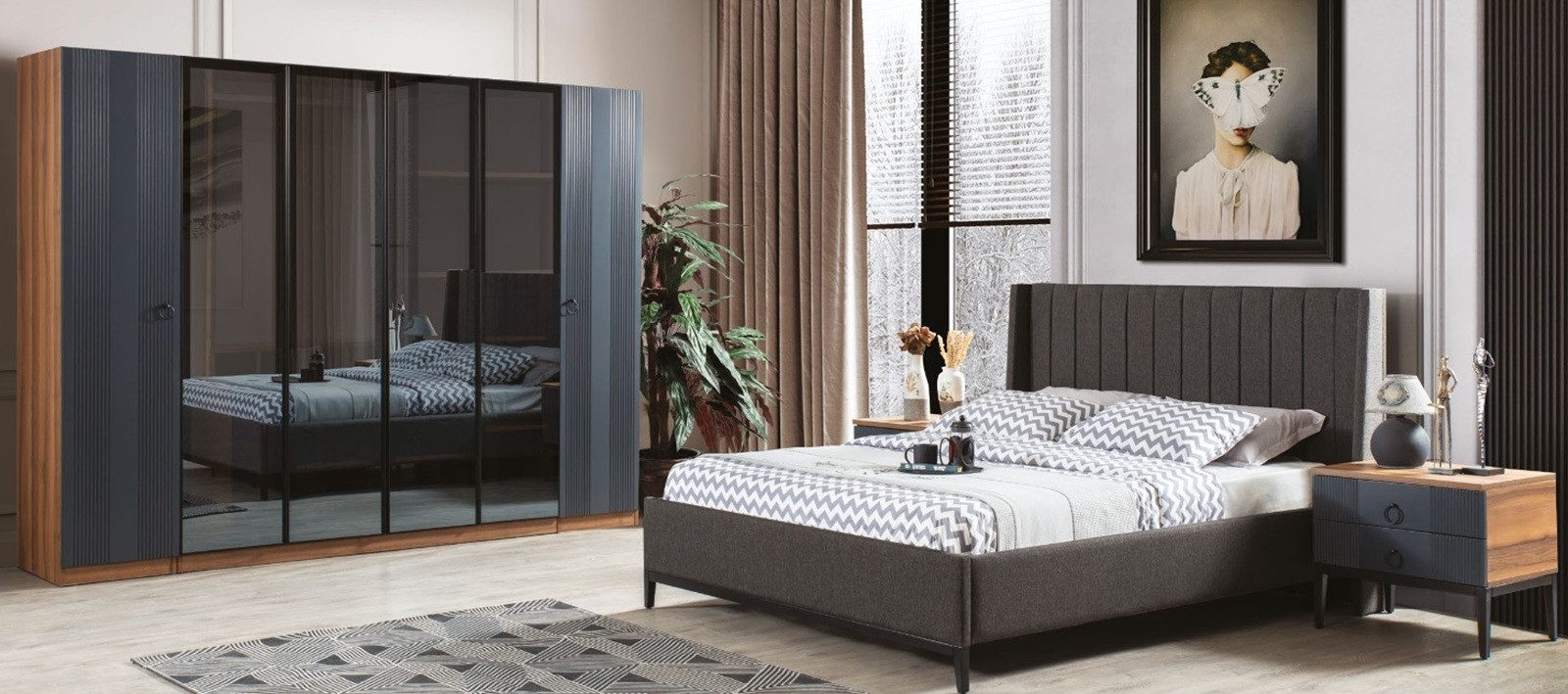 Xlmoebel Komplettschlafzimmer Loft Schlafzimmer Set mit Bett und Nachttischen in modernem Design, (4-tlg., 4tlg.Schlafzimmer Set (Bett+2xNachttische+Kleiderschrank), Hergestellt in Europa