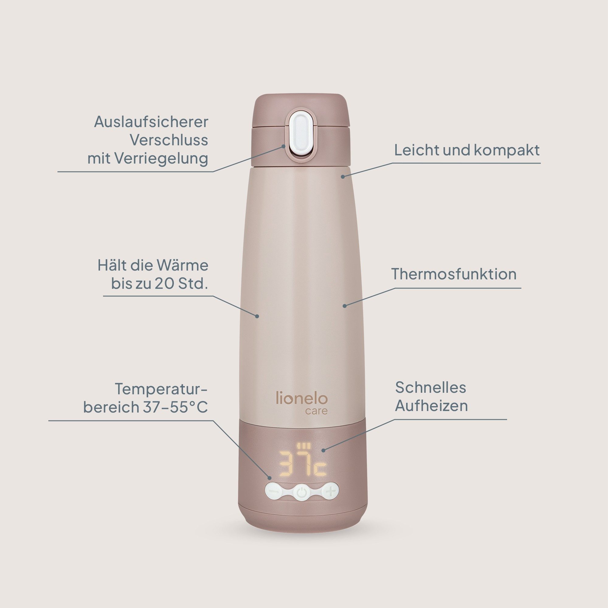 lionelo Thermoflasche THERMUP BOTTLE, 3,5 Min/20 Std. Warmhalten/37–55°C/350 ml/Thermos/USB-C