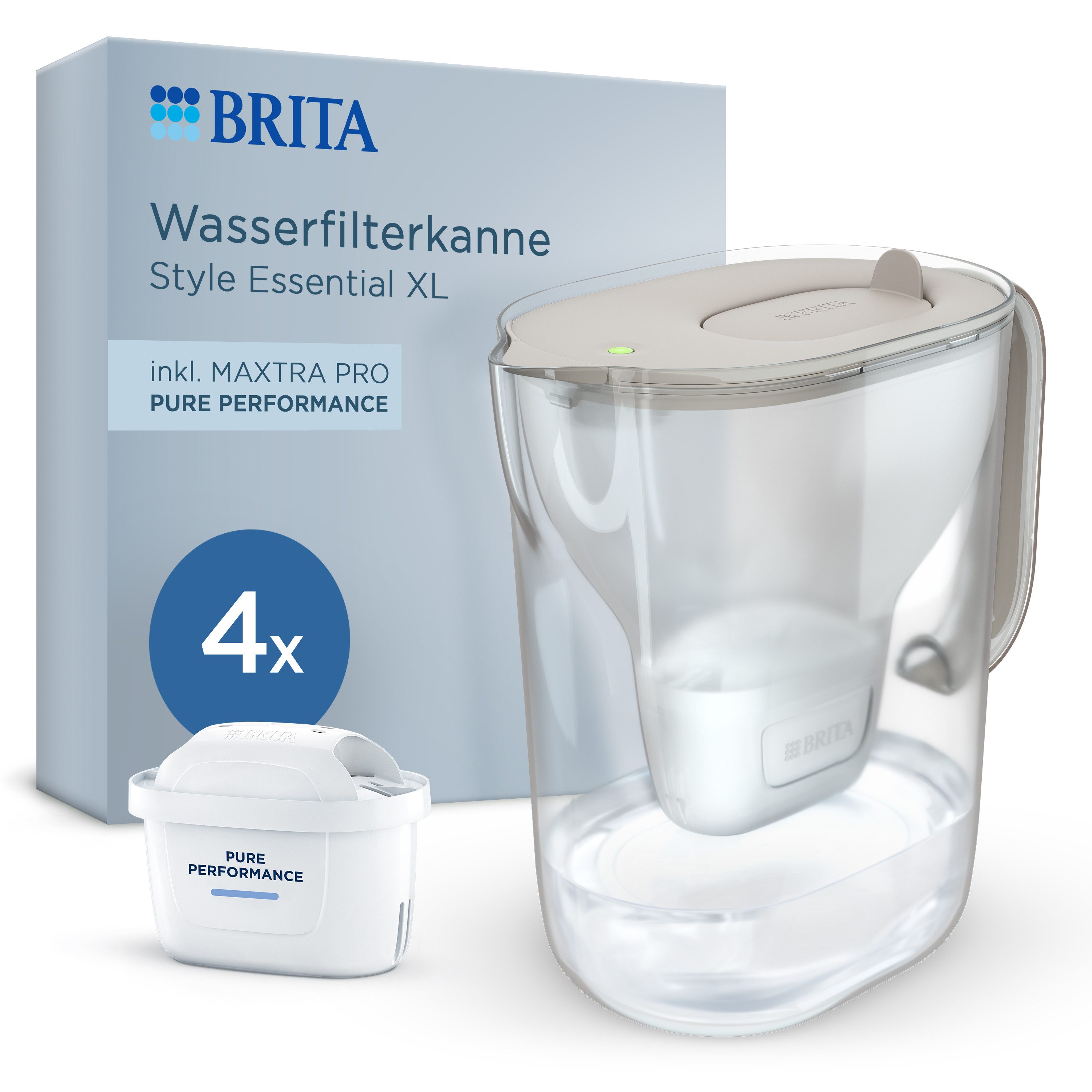 BRITA Wasserfilter BRITA Wasserfilter-Kanne MAXTRA Style Essential XL 4x Pure Performance, Große Filterkanne sand mit Klappdeckel, reduziert PFAS, Kalk, Metalle