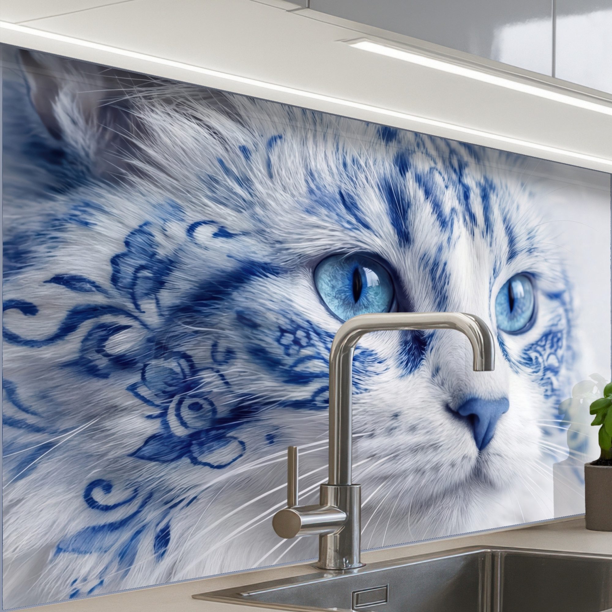 KitchenYeah Küchenrückwand Muster selbstklebend (keine Folie) Katze - Muster - Blau, (1-tlg), Spritzschutz, Küche, Rückwand, Küchenwand, Küchenfront, 30x20 cm