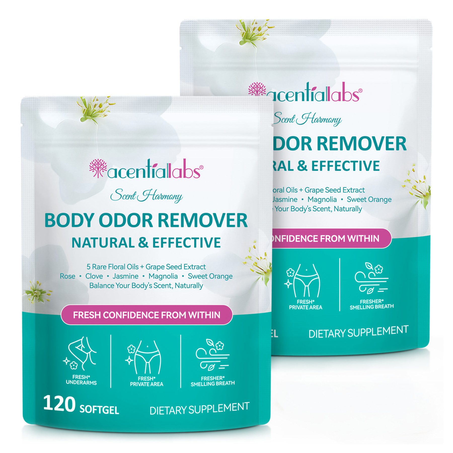 Acentiallabs Anti Körpergeruch Intimgeruch Entferner Interne Deodorant Blütenölen Softgels, Anti-Aging, Gesundheit der Atemwege, Mundgesundheit