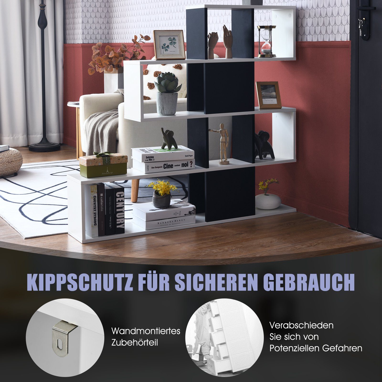 freistehendes Weiß Standregal + Raumteiler Schwarz COSTWAY 5-stöckiges Bücherregal, Regal,