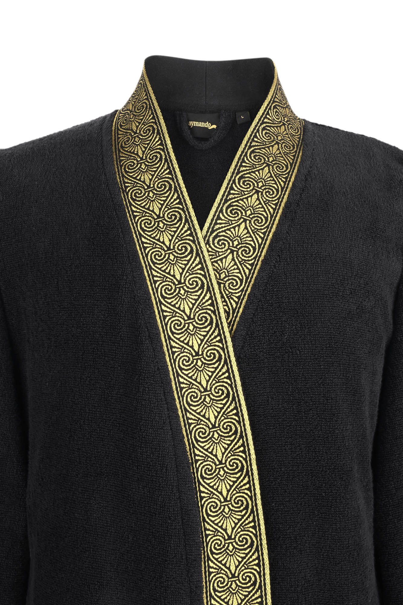 Aymando Bademantel Schwarz, 100% Baumwolle, Ornament Optik, gestickte Gold Bindegürtel, Blende Kimono-Kragen, Geschenkverpackung mit