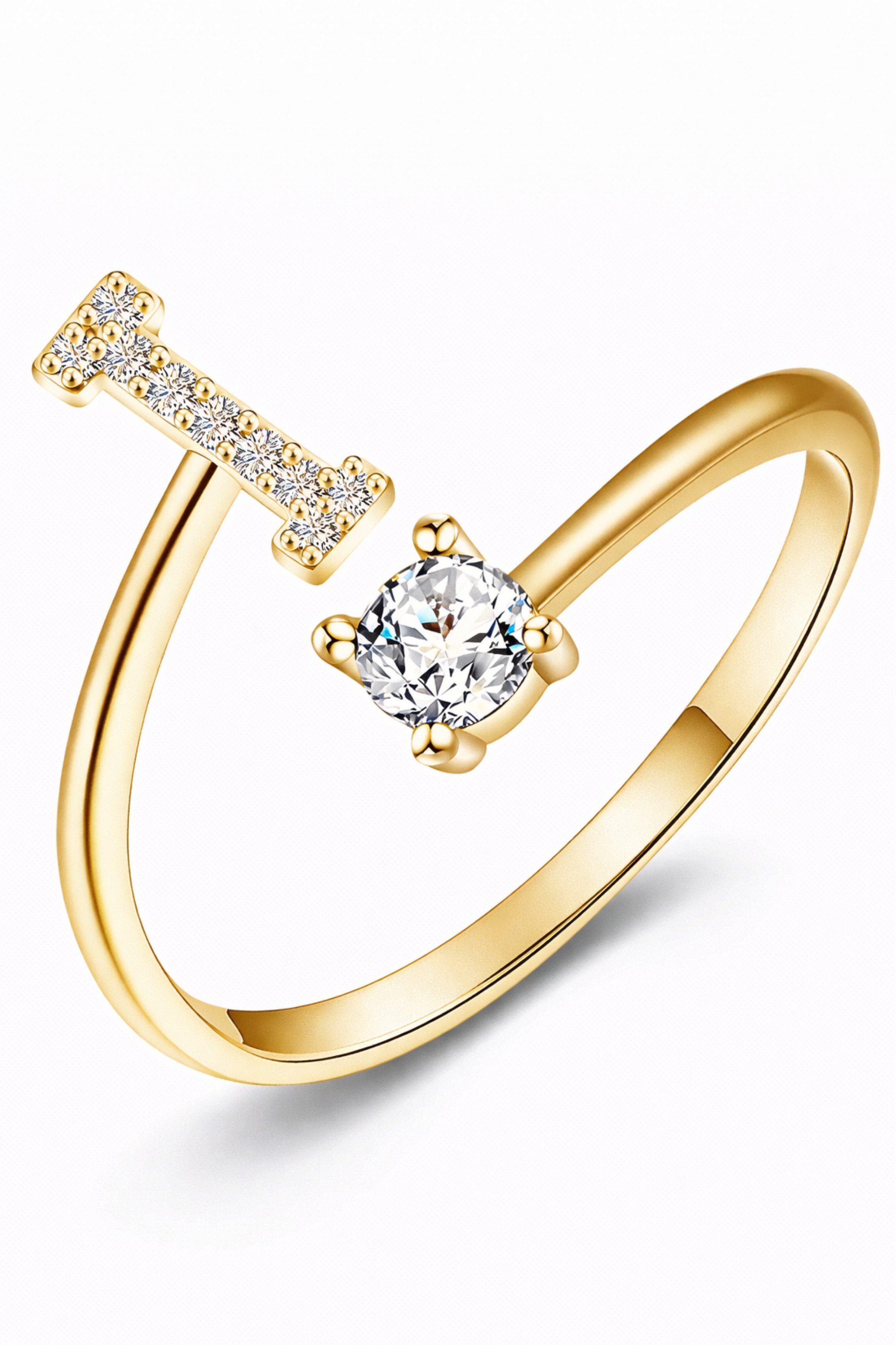 S&T Design Fingerring Buchstaben Ring Damen 14K Gold Vergoldet Silber Verstellbar Wasserfest (Goldring Geschenke für Frauen Freundin Mädchen Schmuck, 1-tlg., Buchstabenring), Damenring langlebigem Edelstahl Verstellbare Größe 50 - 60 Modeschmuck