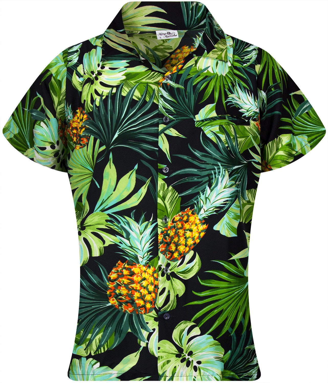 Hawaiihemd Pineapple Leaves Funky Hawaiibluse Damen Kurzarm Front-Tasche Stylish