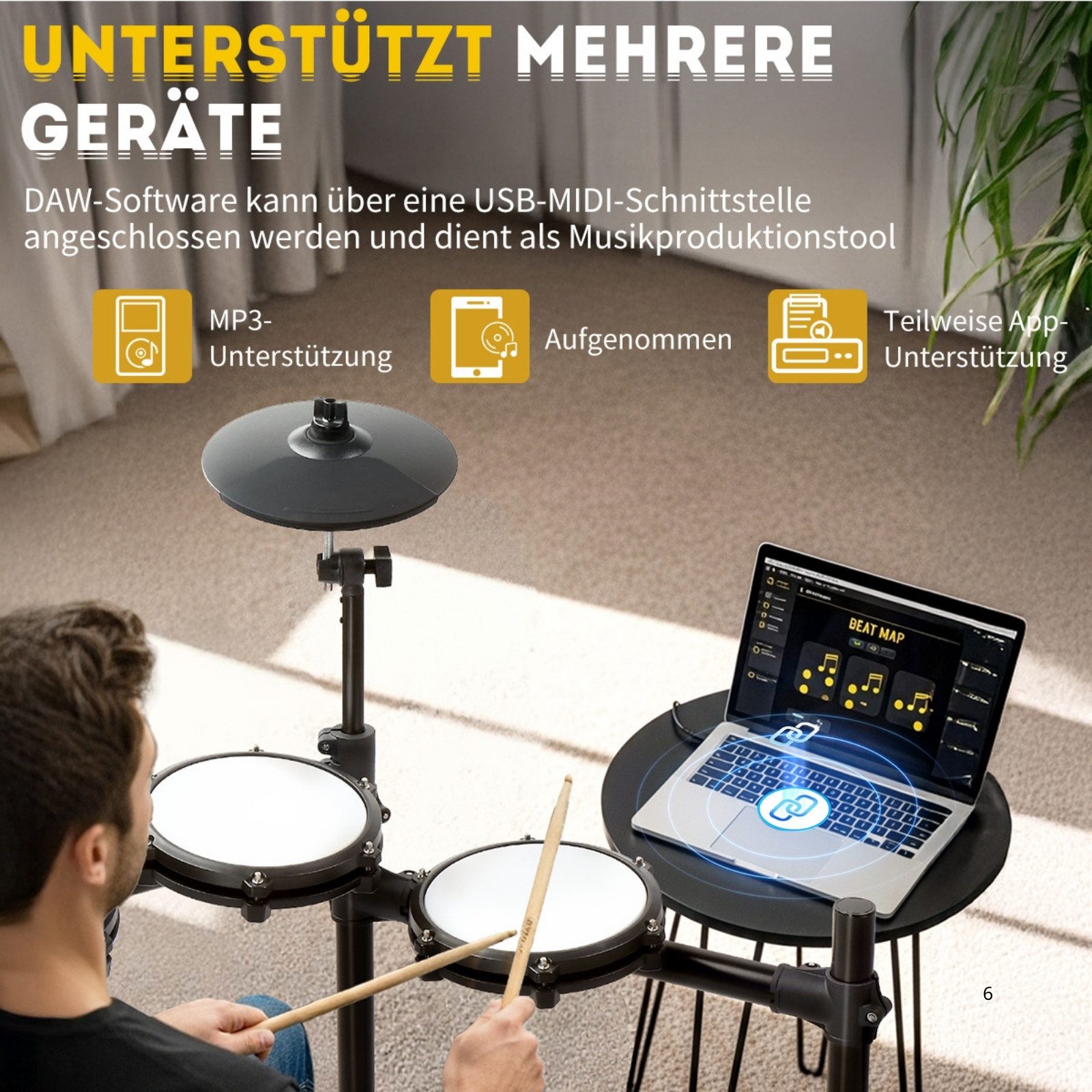 LALAHO E-Drum Upgraded E-Drum-Set Komplettset, Kopfhörer Sticks Drumhocker, Trommelhocker/Drumsticks/Kopfhörer/Audiokabel,  Kinder drum set