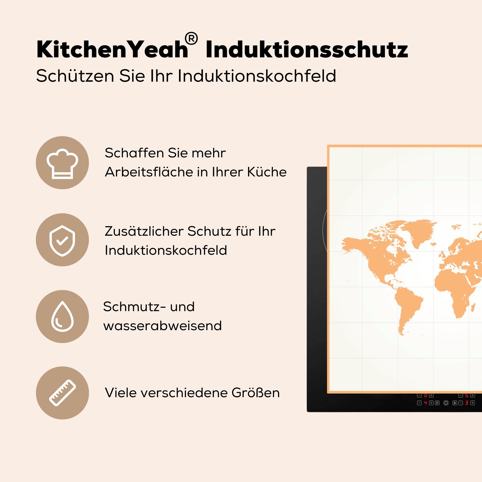 MuchoWow Herdblende-/Abdeckplatte Weltkarte - Einfach Arbeitsplatte Vinyl, küche Ceranfeldabdeckung, für Orange, (1 - tlg), cm, 78x78