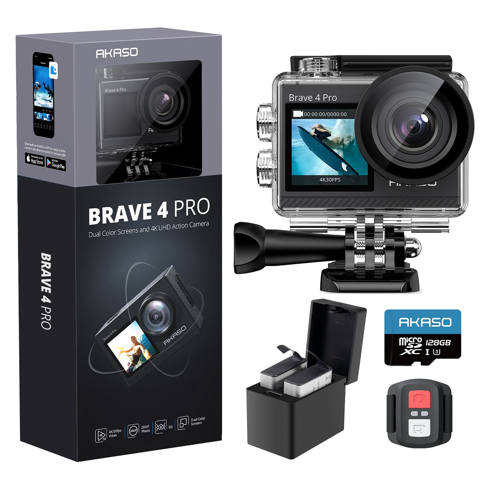 Akaso Brave 4 Pro Action Cam (4K Ultra HD, WLAN 2.4 GHz, Wasserdicht, EIS, Fernbedienung, Duale Farbbildschirme)