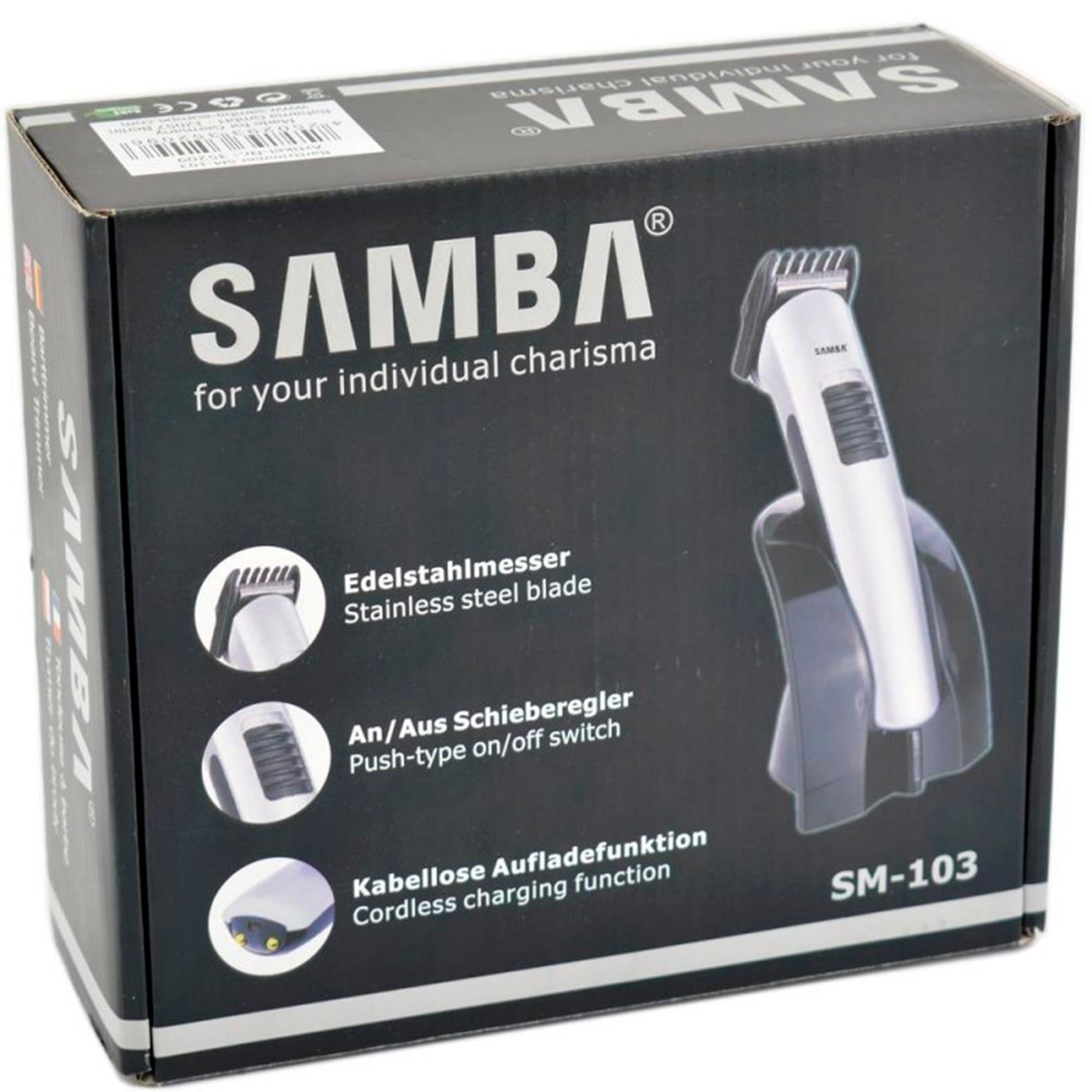 Profi Schneidemesser SAMBA Ladestation (SM-103), Laufzeit, Elektrorasierer Edelstahl großer mit Baarttrimmer mit Akku aus langer