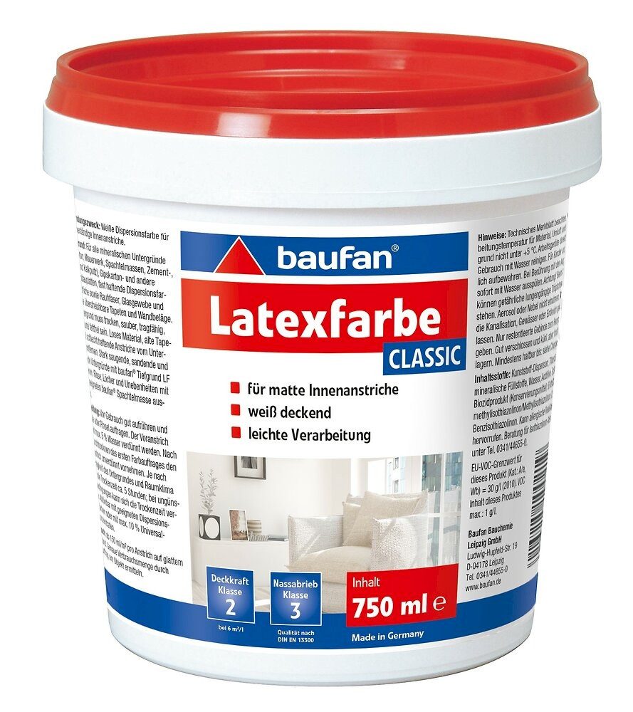 baufan® Latexfarbe Latexfarbe classic weiß matt 750 ml Latex Farbe abtönbar