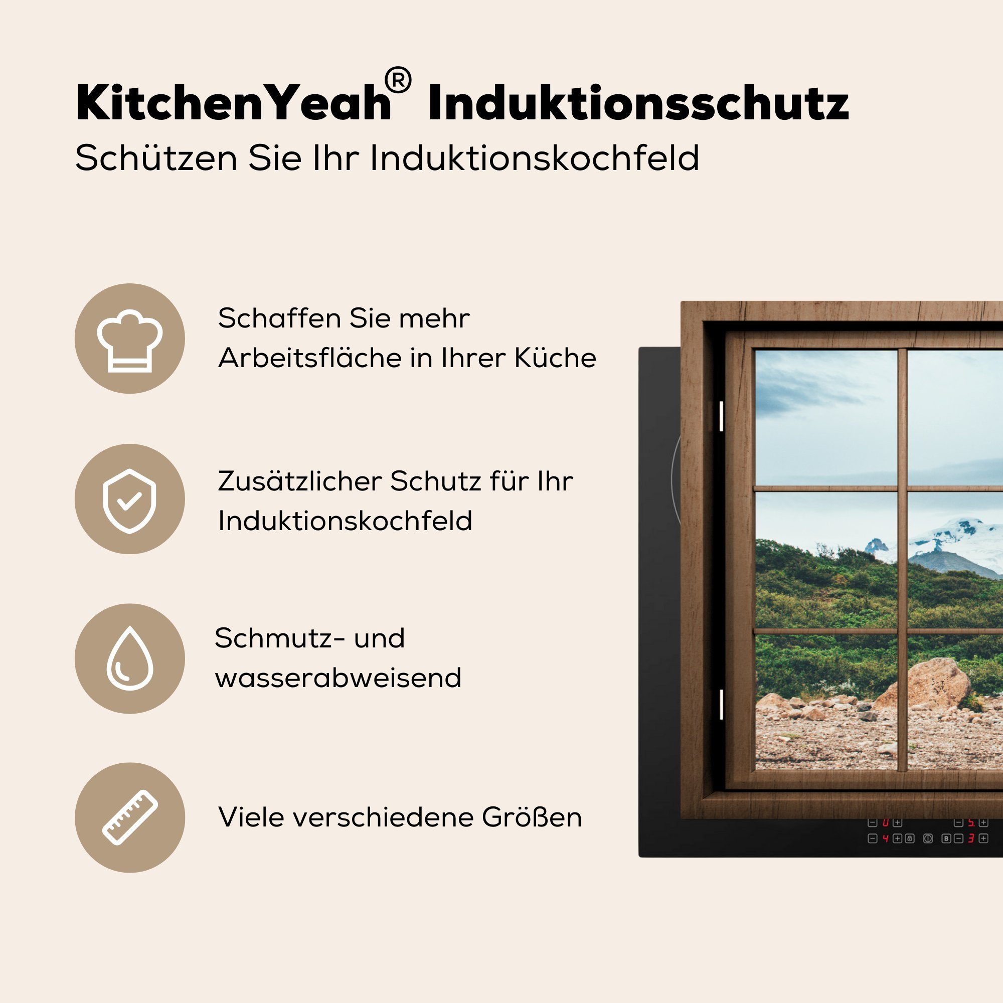 Vinyl, Felsen - MuchoWow - Herdblende-/Abdeckplatte für tlg), Aussicht küche, die (1 81x52 cm, Berg, Ceranfeldabdeckung Schutz Induktionskochfeld