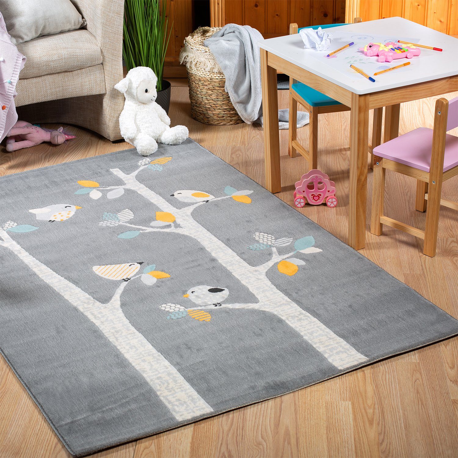 DomDeco Kinderteppich Baby- & Kinderteppich YLVIE, 7,5mm hoher Kurzflor, mit Vogel Motiv