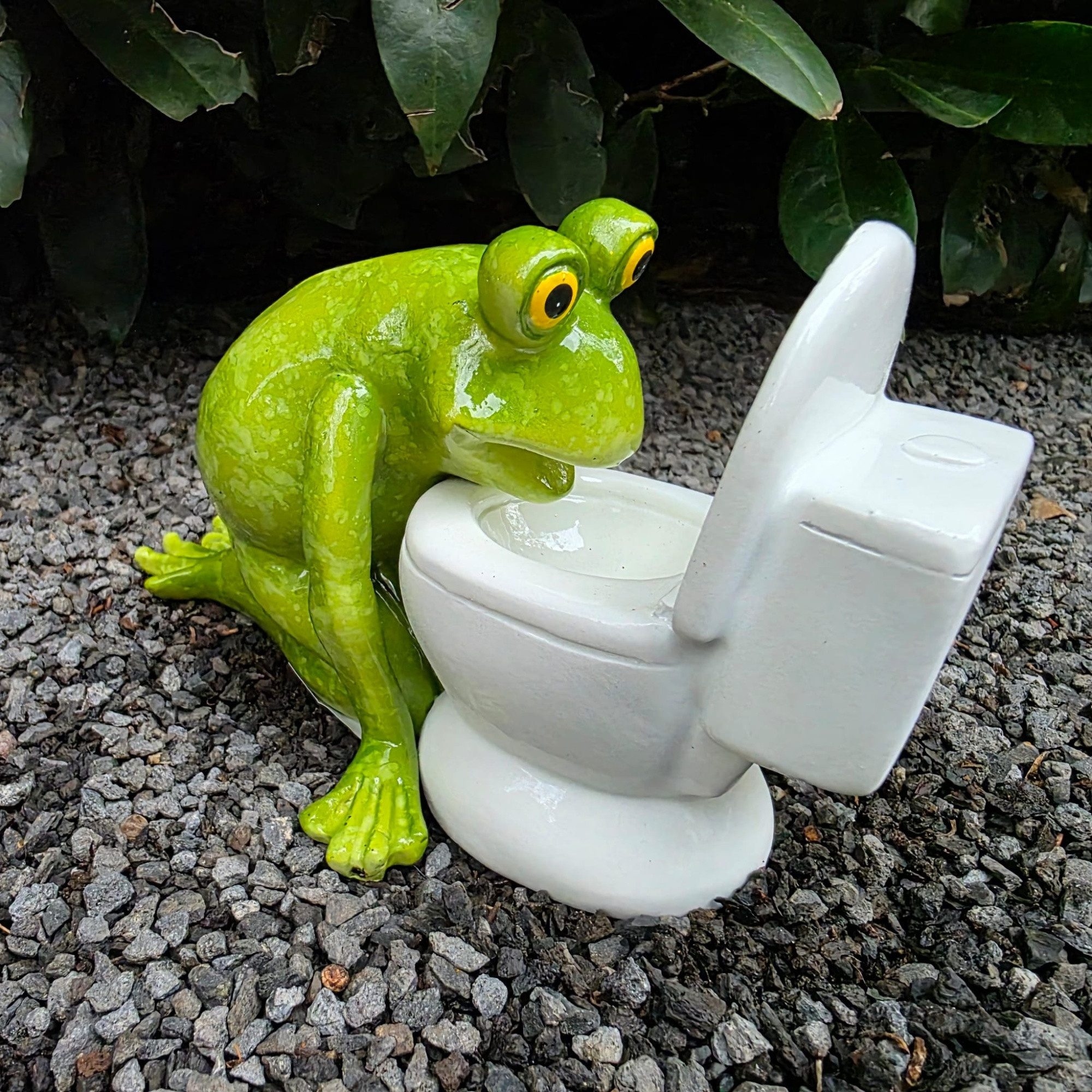 Aspinaworld Gartenfigur Frosch Figur spuckt in Toilette 11 cm – für Pflanzschale