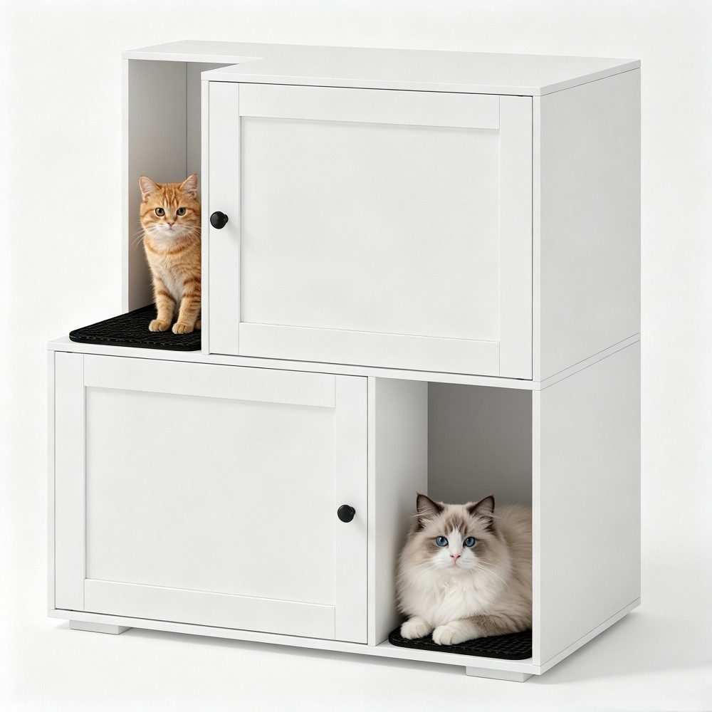 Hyaapwod Mehrzweckschrank Zweistöckiger Katzenklo‑Schrank, 2 Streu‑Matten, für 2 Katzen (1-St) 80×46.5×88.5 cm, Weiß