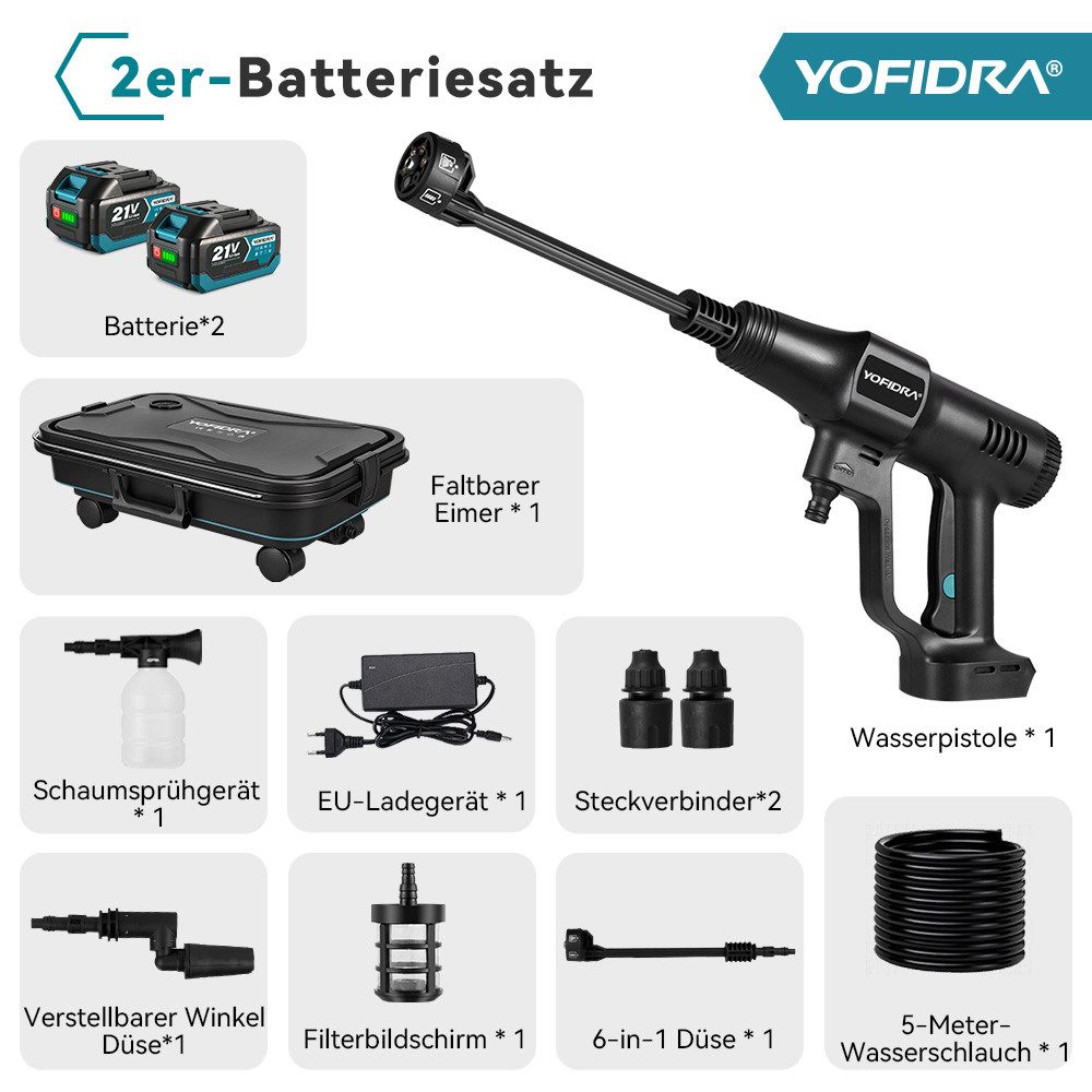 Yofidra Akku-Hochdruckreiniger 70 bar mobiler Hochdruckreiniger mit 2 Akkus und 22-Liter-Eimer, Druck max: 70 bar, 600 W, Fördermenge max: 246 l/h, Auto-Hochdruckreiniger, Terrassenreiniger ideal für Außenbereiche