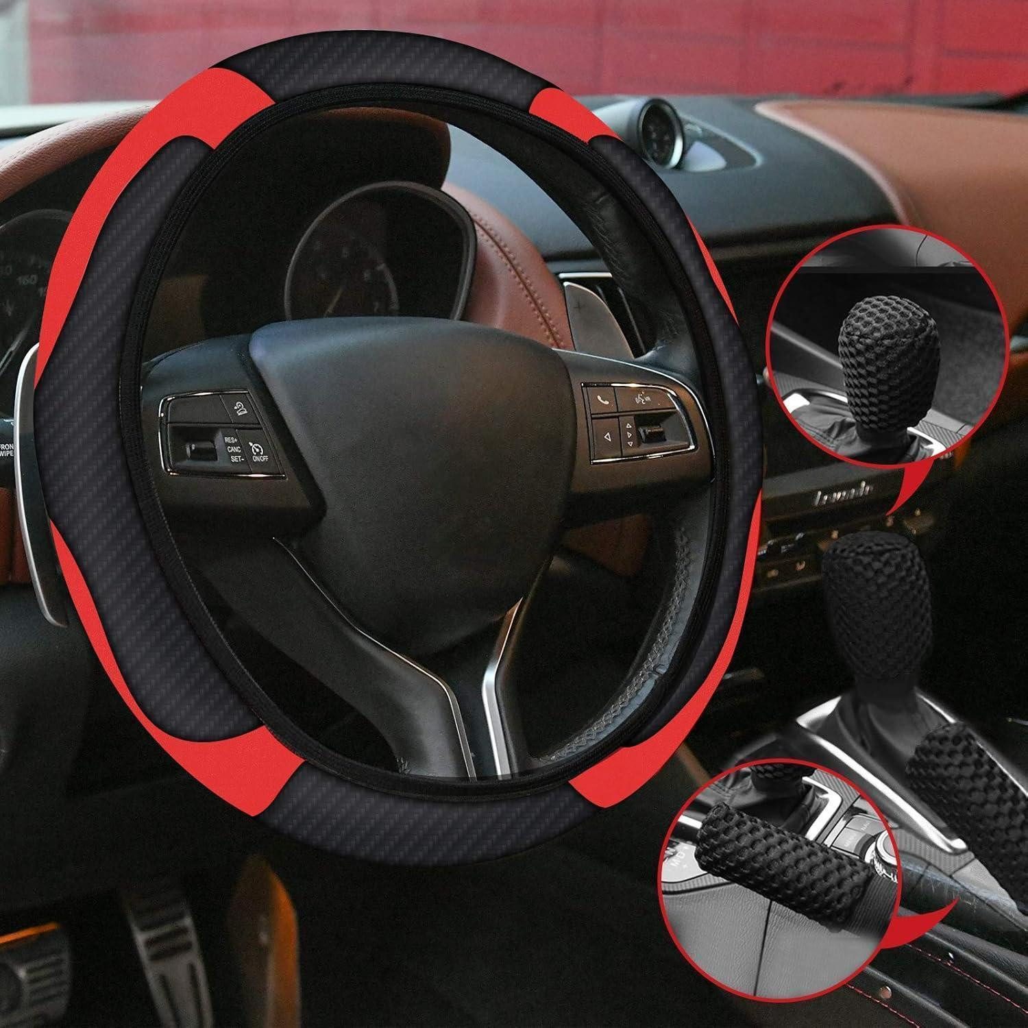 LuxusKollektion Lenkradbezug Lenkradabdeckung 3 Teiliges Set Kunstleder 37-39cm Schwarz-Rot – Bild 2 von 5