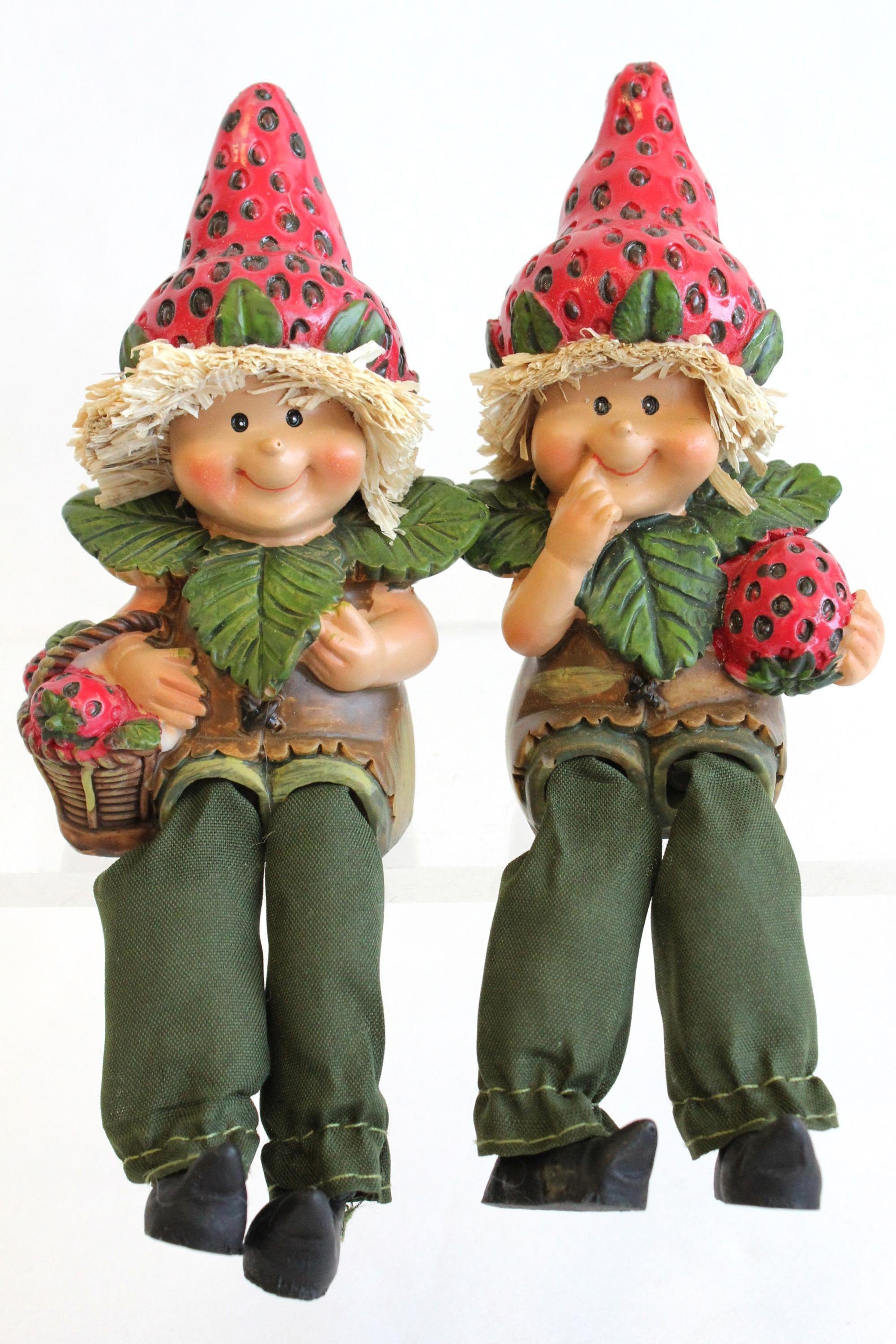 ELLUG Dekofigur 2er Set Erdbeerkinder Erbeerhut Kantenhocker Schlenkerbeine Sommer Deko Figuren aus Kunststein Größe ca. 13cm (2 St)