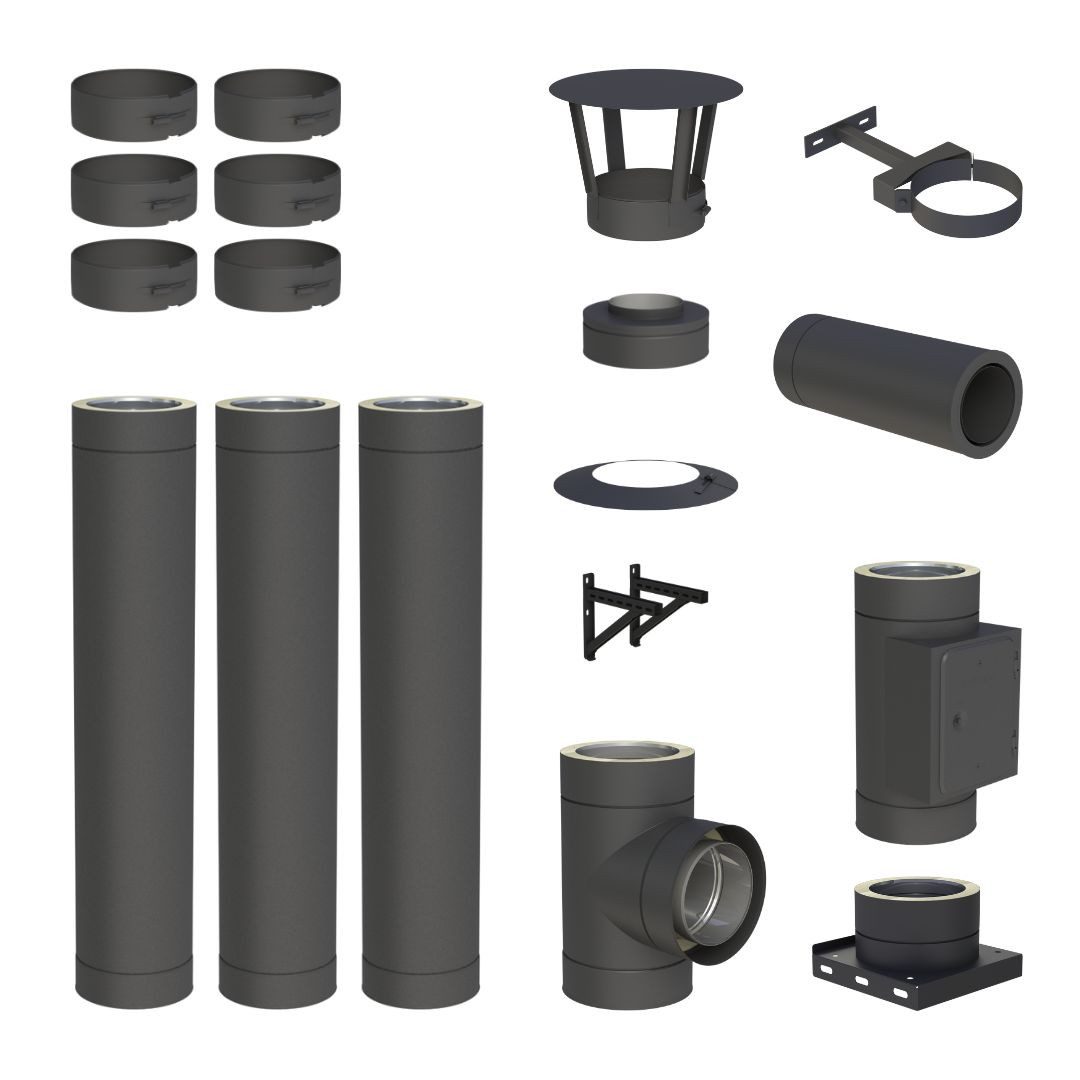 Jeremias Schornstein 3, 8 m EdelstahlSchornstein Ø130mm Komplettset DW DW-Black Wandmontage, Ø 130 mm