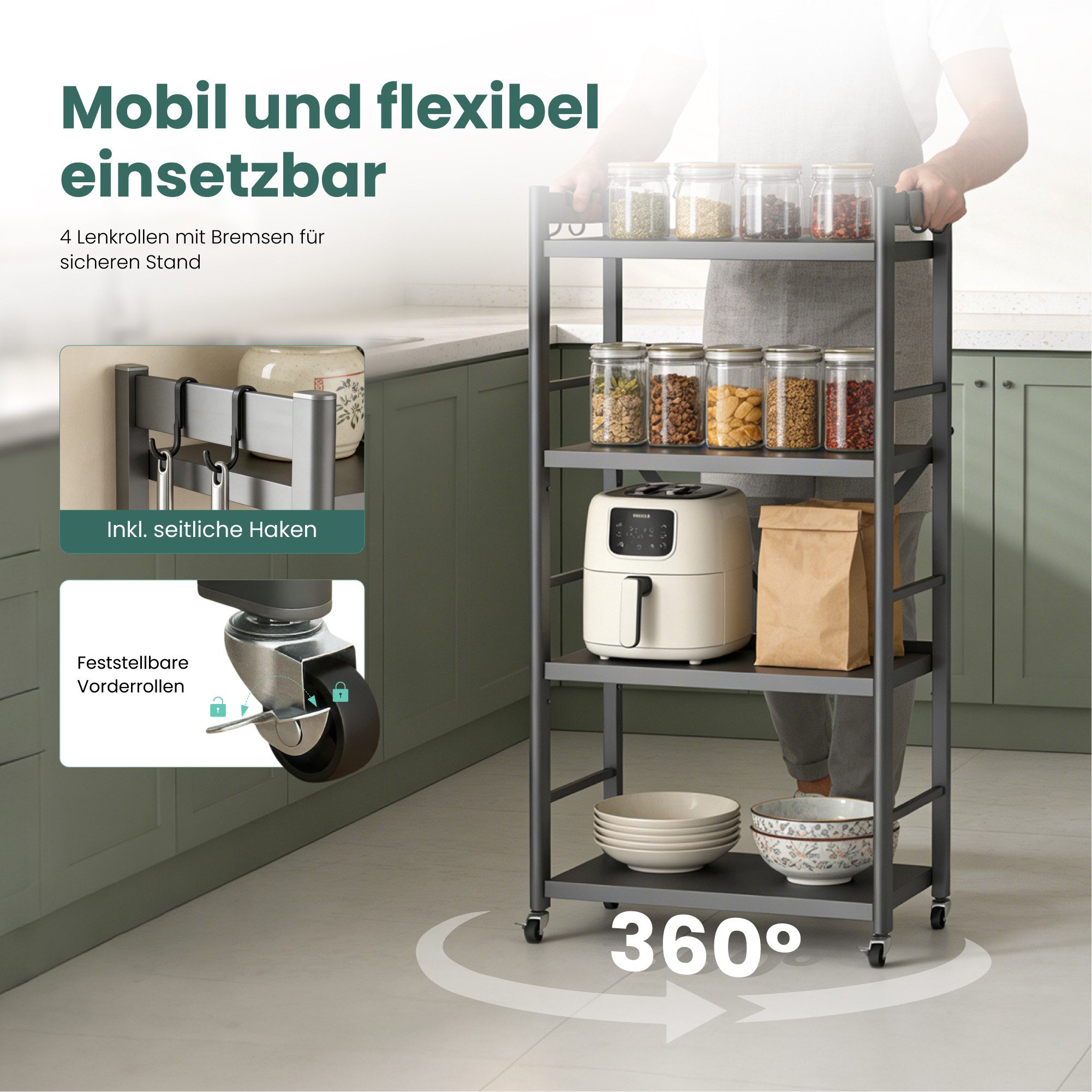 Mai & Mai Küchenregal Standregal 4 Ebenen 360° schwenkbare Lenkrollen 60x41x125cm Reglo-13, Lagerregal 4 Ebenen 4 Haken Modern-Design, für Küche