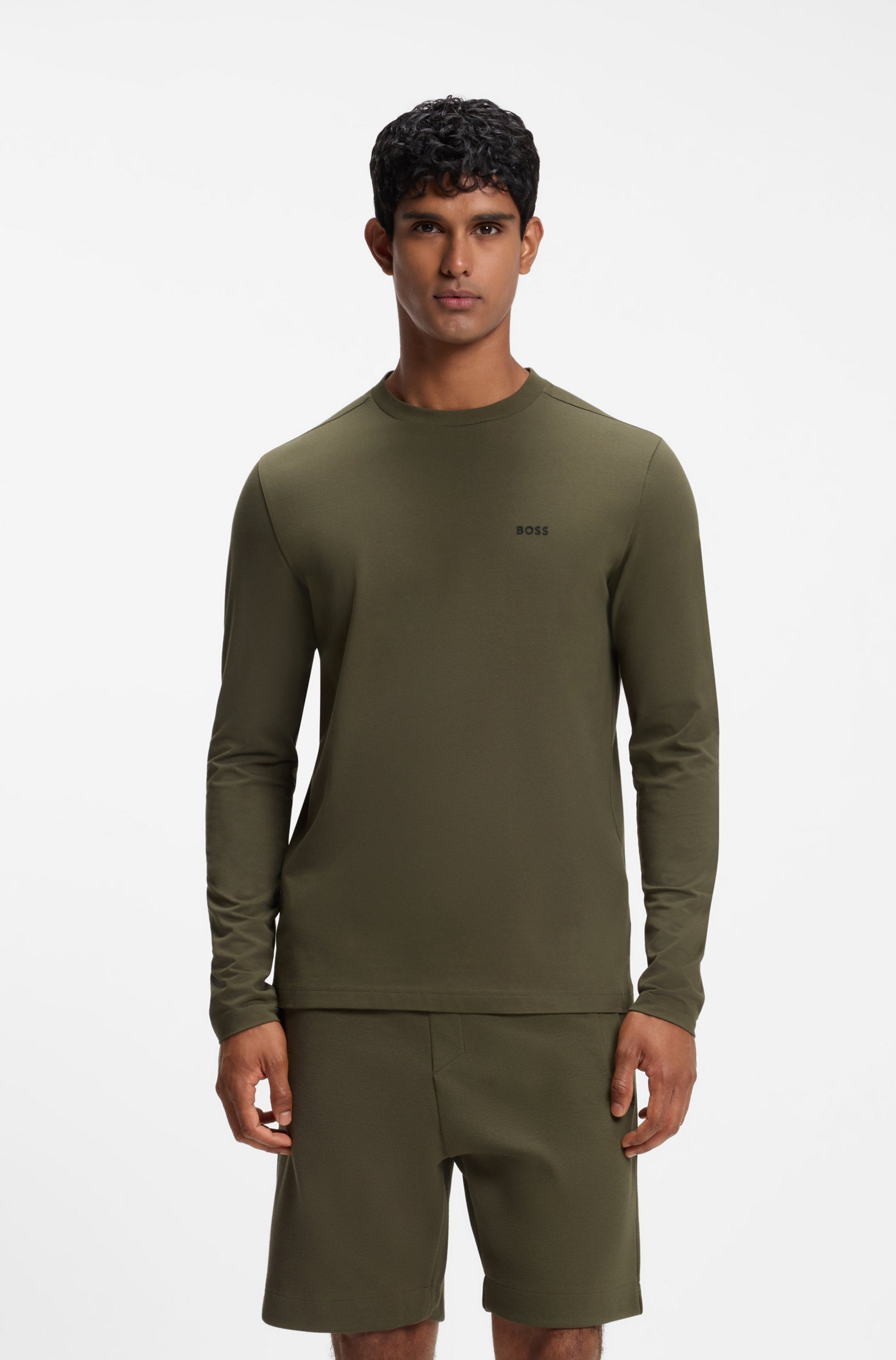 BOSS GREEN Langarmshirt Tee Long Regular Fit Stretch Jersey Cotton, Logo on Chest, Rundhals
