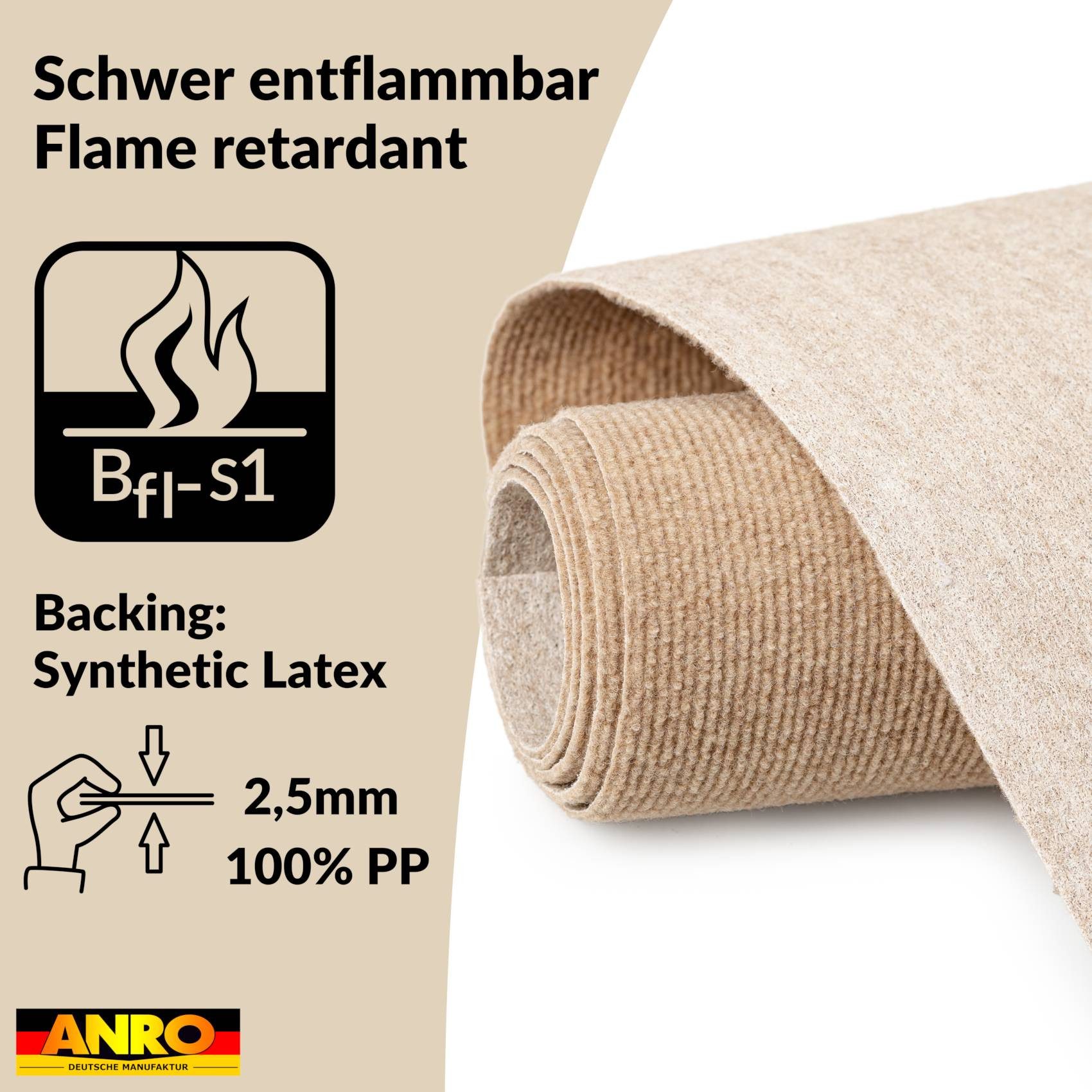 ANRO Teppich YULA Messeteppich Meterware Eventteppich Rips zuschneidbar Bfl-S1, Rechteckig, Höhe: 3 mm, schwer entflammbar Läufer 100x133cm Uni Beige