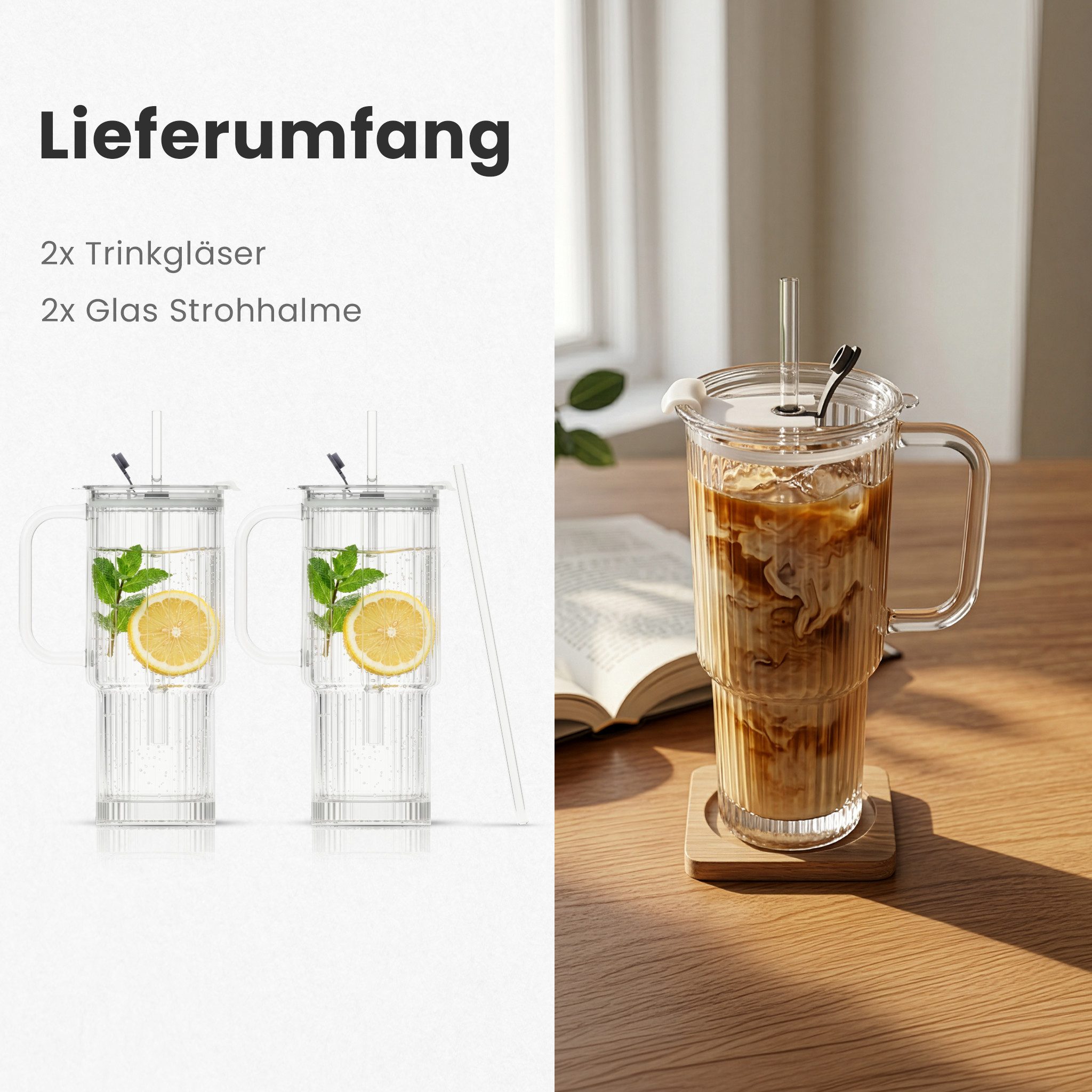 Lemontree Gläser-Set Glasbecher mit Deckel und Strohhalm 2er Set – 760ml Trinkgläser, 2-tlg., Geriffelte Trinkgläser mit Deckel – auslaufsicherer Smoothie Becher