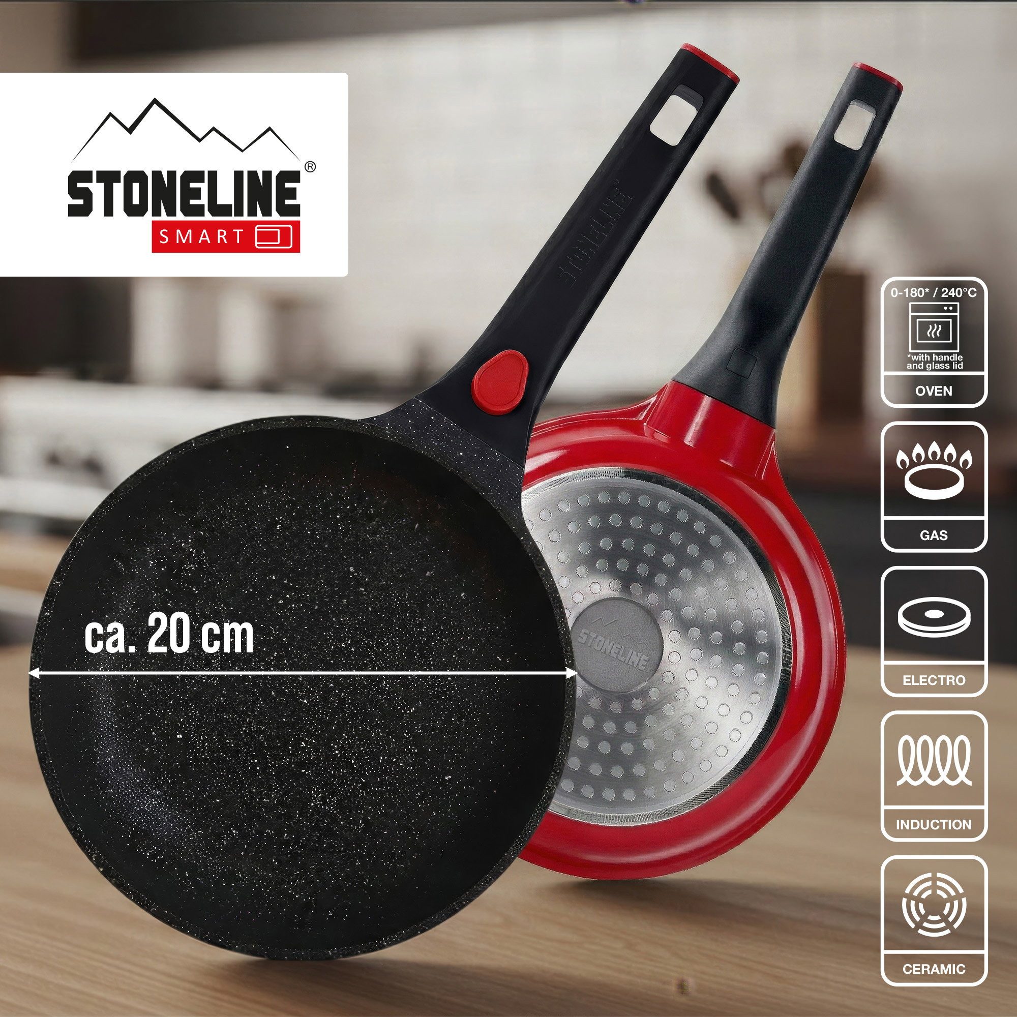 STONELINE Bratpfanne SMART 20 cm, rot, abnehmbarer Griff, Induktion, Aluminiumguss (1-tlg)