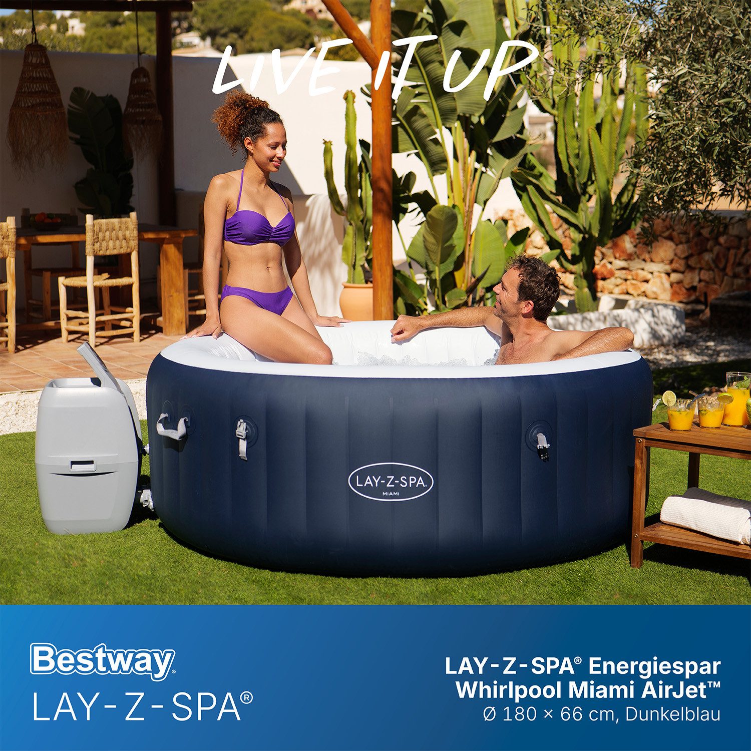 Bestway Whirlpool LAY-Z-SPA Miami AirJet™, Aufstellbecken, (Set, 1-tlg., Inkl. integrierter Energiespardämmung EnergySense®, max. 4 Personen), Ø 180 x 66 cm