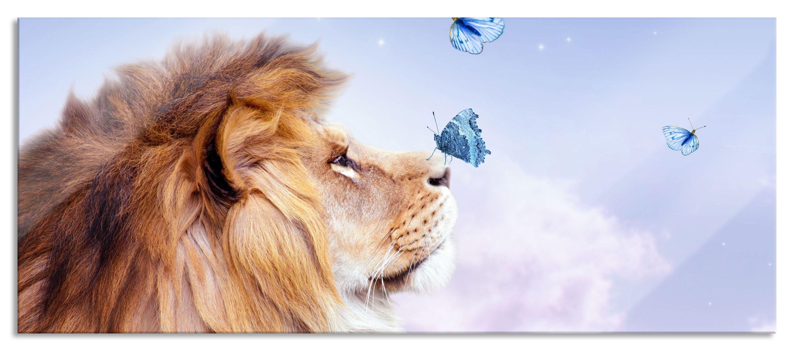 Pixxprint Glasbild Löwe mit blauen Schmetterlingen, Löwe mit blauen Schmetterlingen (1 St), Glasbild aus Echtglas, inkl. Aufhängungen und Abstandshalter