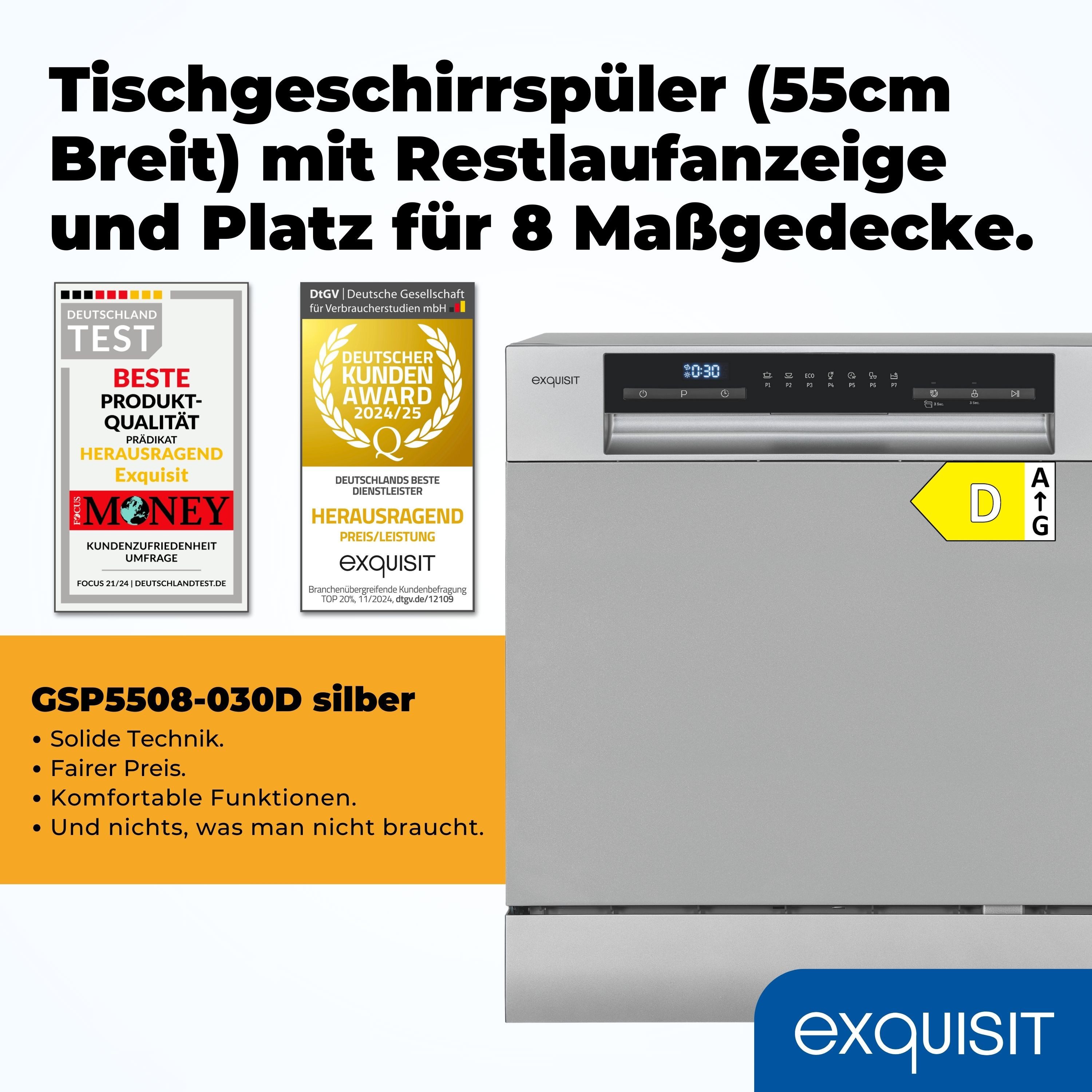 exquisit Tischgeschirrspüler GSP5508-030D, 8 l, 8 Maßgedecke, 8 Maßgedecke, 8 Liter, Auto-Door-Open, Startzeitvorwahl, Kompakt
