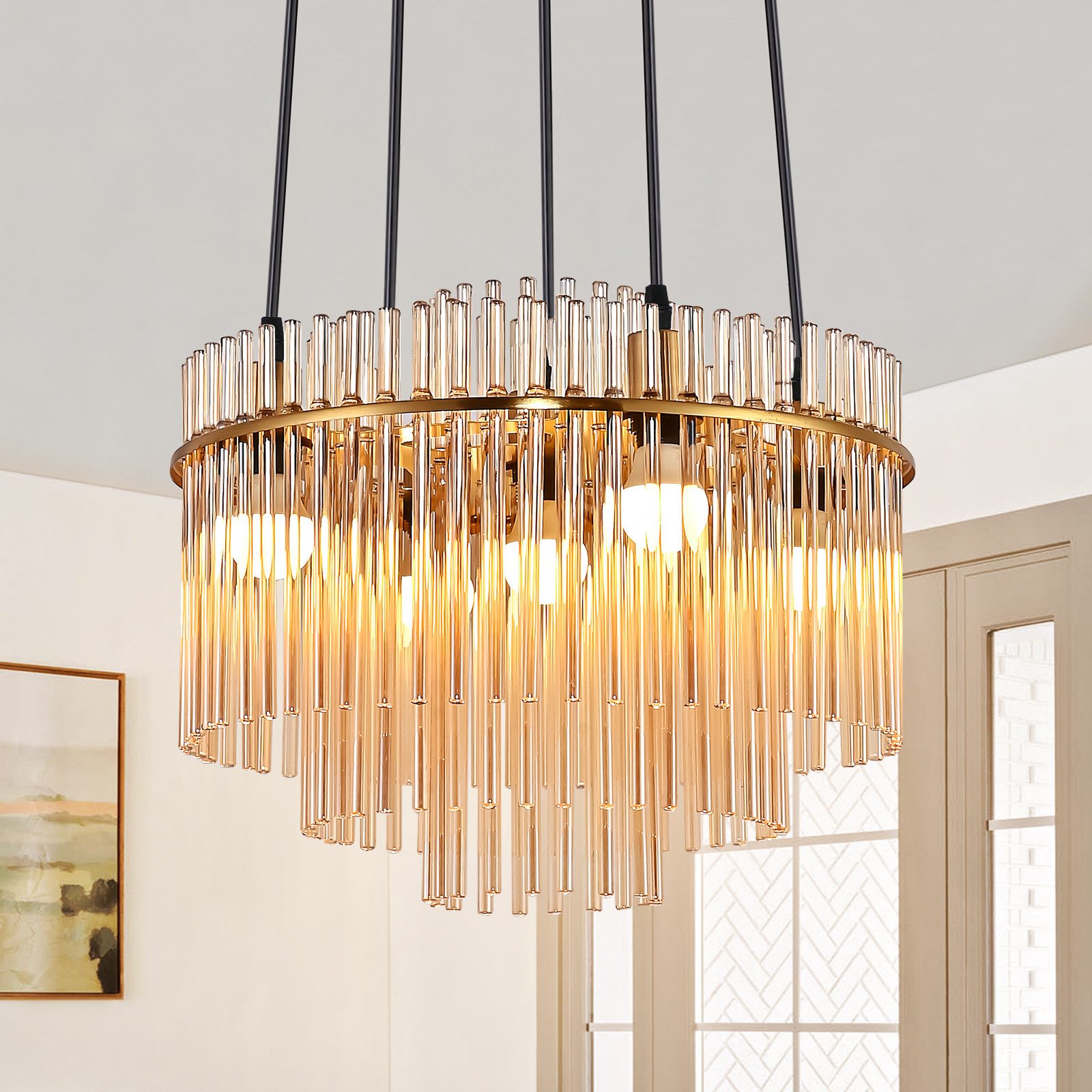 Nettlife Pendelleuchte modern Gold/Schwarz Glas 5 flammiger E14 Kronleuchter Hängeleuchte, ohne Leuchtmittel, Esstischlampe für Wohnzimmer Küche