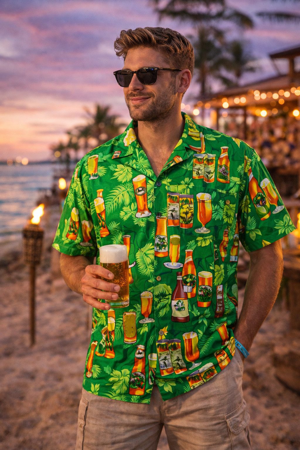 King Kameha Hawaiihemd Beerbottle Funky Hawaii-Hemd Herren Kurzarm Front-Tasche Stylish