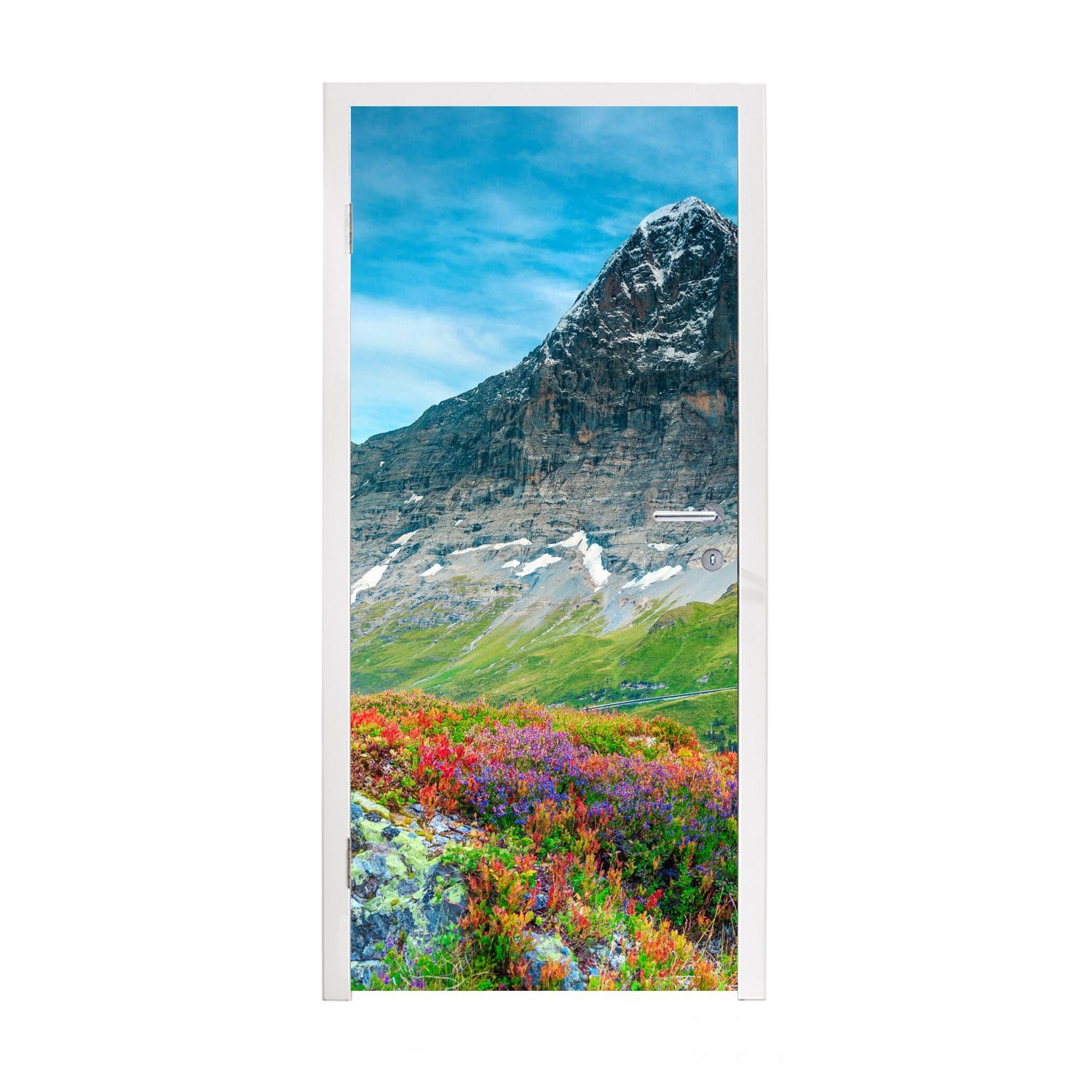 MuchoWow Türtapete Blumen - Berge - Schnee - Landschaft, Matt, bedruckt, (1 St), Fototapete für Tür, Türaufkleber, 75x205 cm