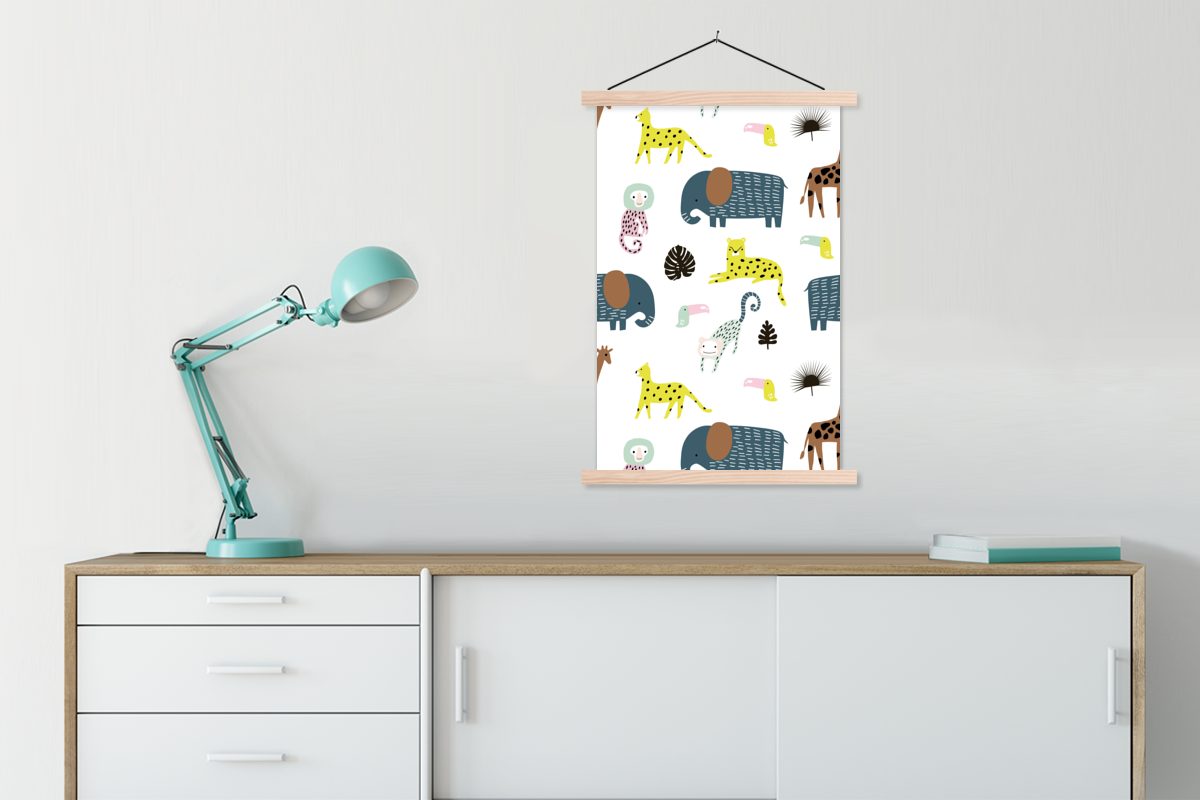 MuchoWow Poster Tiere - Elefant Magnetisch Bilderleiste, - Posterleiste, (1 St), Weiß, Textilposter - für Affe Wohnzimmer