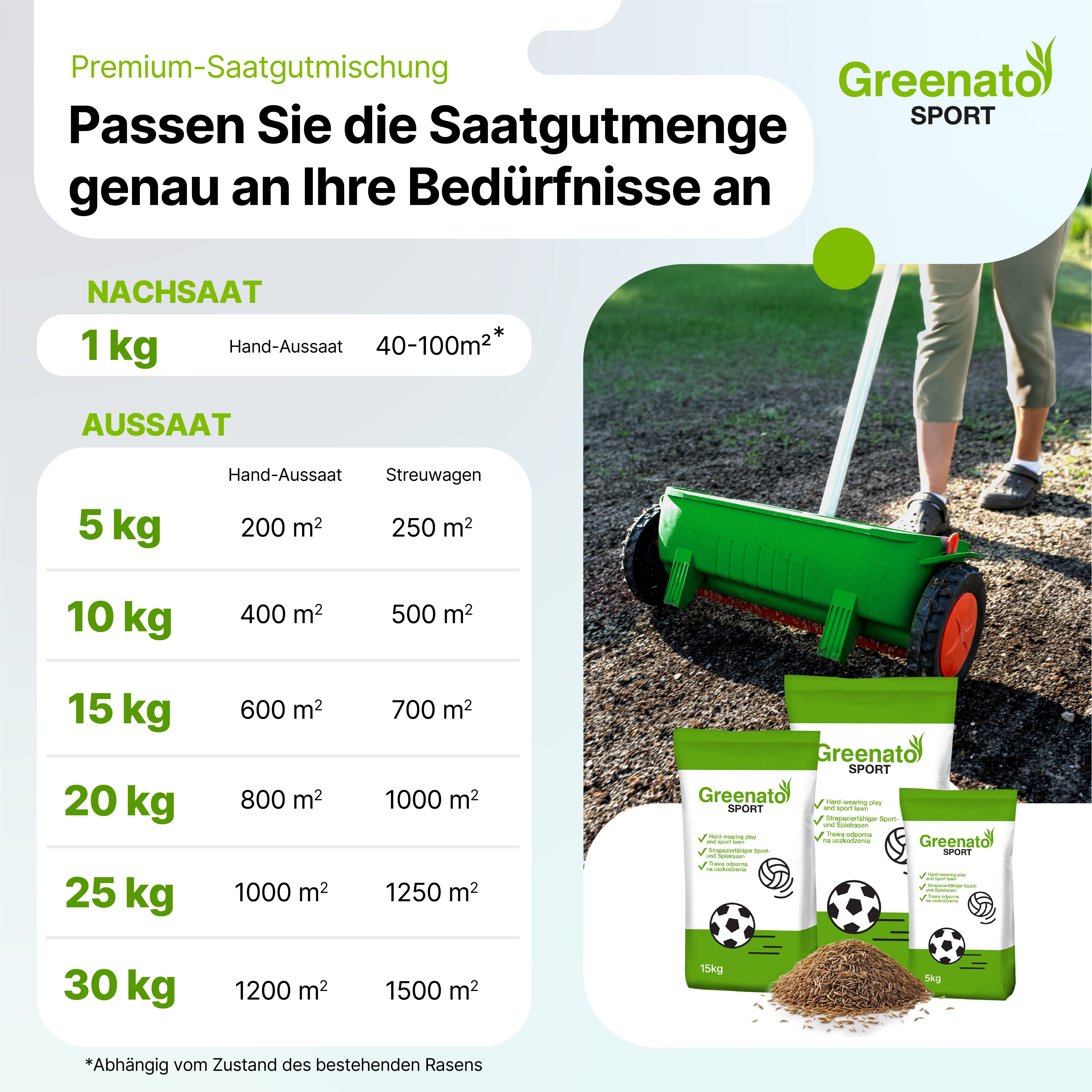 Greenato Rasensamen Sport und Spielrasen - Grassamen schnellkeimend, 1 kg, ideal für Neuansaat und Rasennachsaat - extra robuster Rasen
