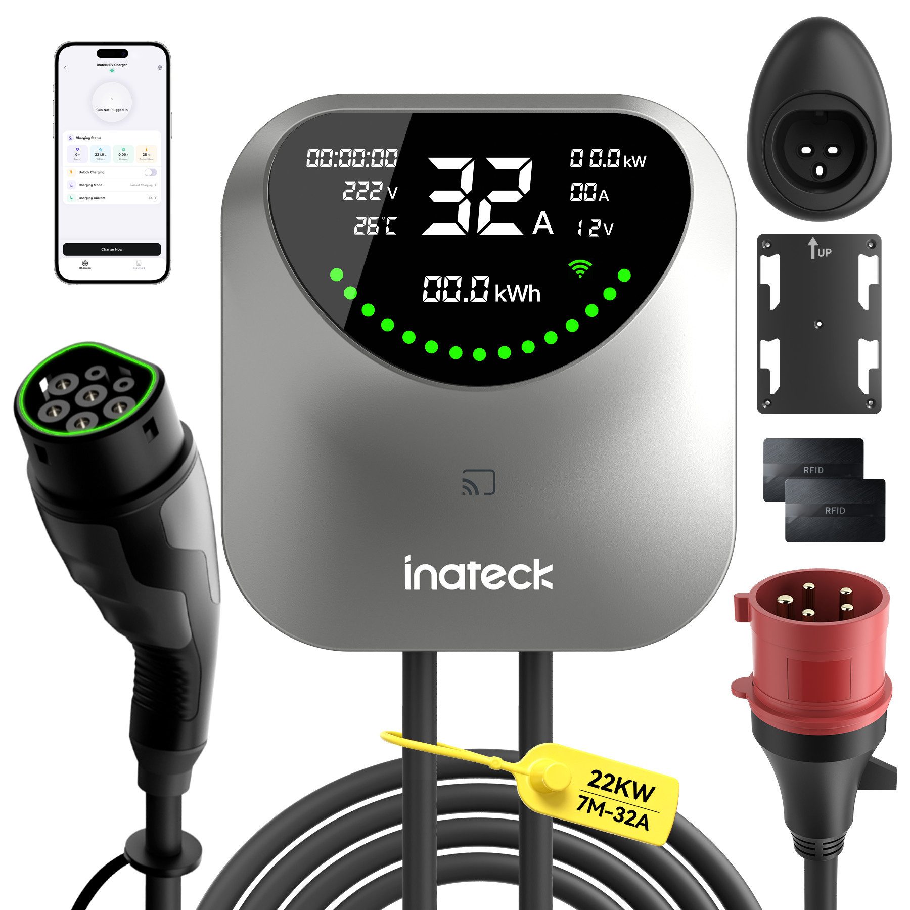 Inateck Elektroauto-Ladestation Wallbox 11kW 22kW mit APP & RFID-7m Typ 2 EV-Ladegerät 400V WLAN & BT, Intelligente Ladeplanung IP65
