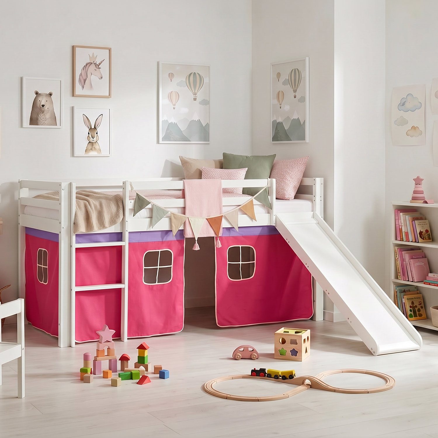 Homestyle4u Hochbett 90x200 cm Kinderbett Weiß mit Vorhang Pink (Set, mit Rutsche, Mädchen, Spielbett) Kiefer, Jungen Mädchen