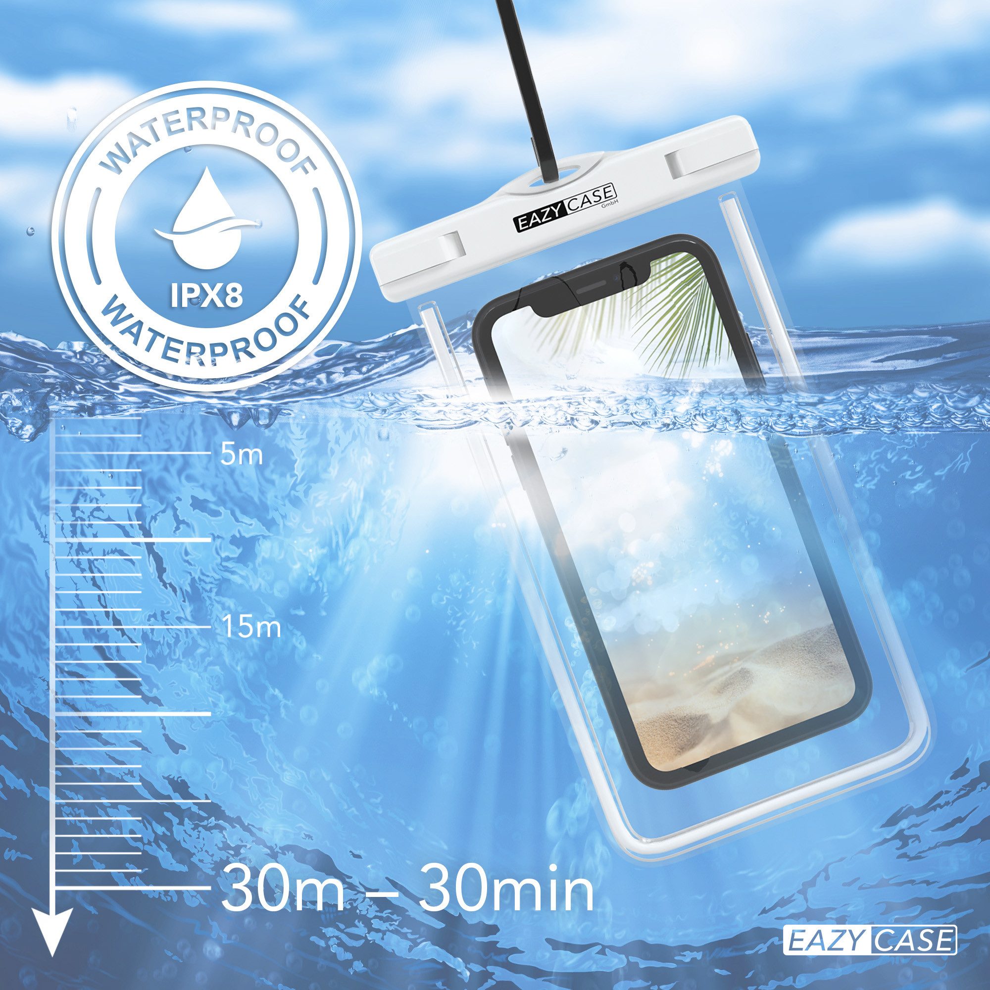 EAZY CASE Handyhülle Universale Unterwasser-Tasche für viele Modelle 3,5 - 6,7 Zoll, Unterwasser Taschen Wasser Schutzhülle mit Band Unterwasser Fotos Weiß – Bild 5 von 5