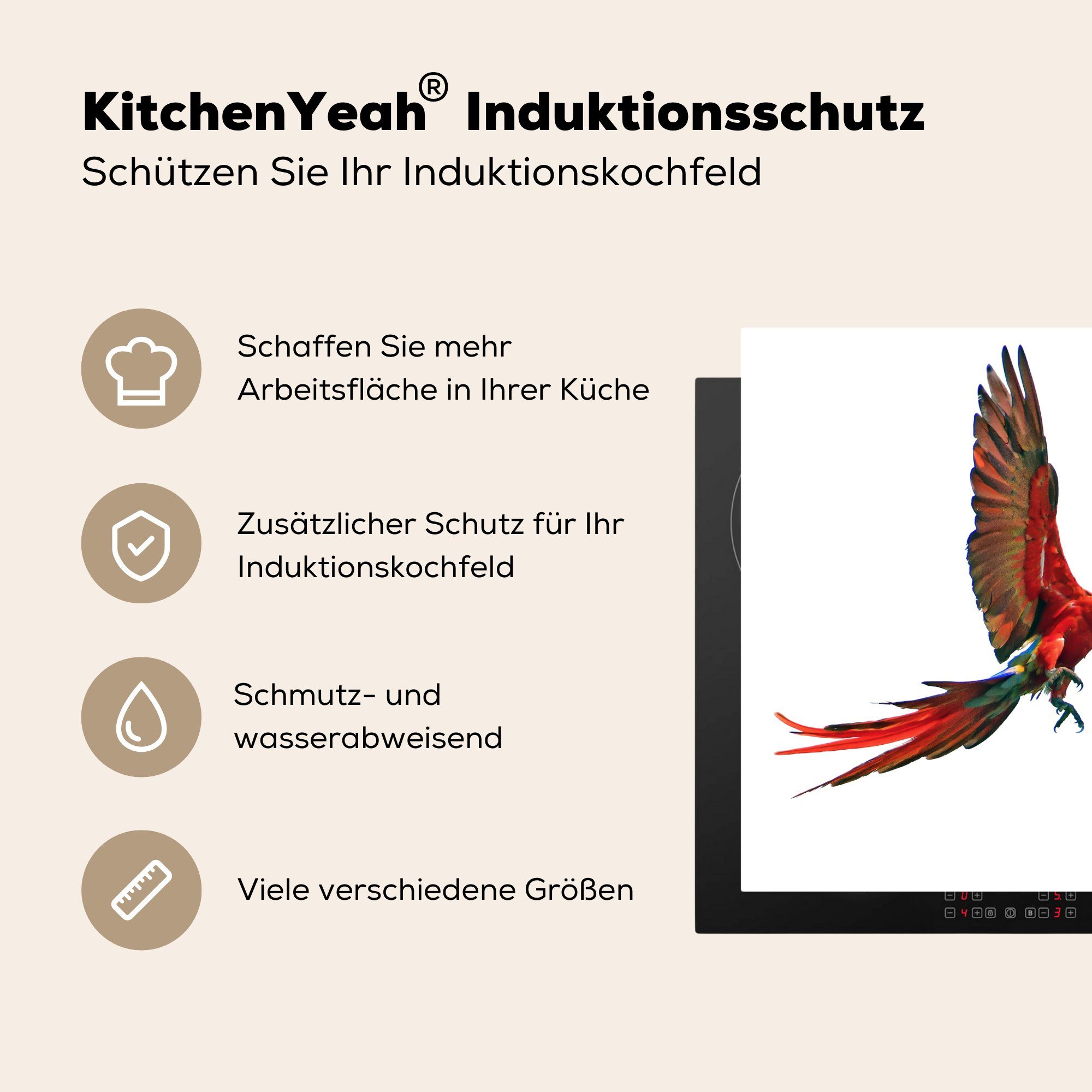 MuchoWow Herdblende-/Abdeckplatte Ara - Vogel Vinyl, (1 tlg), küche Ceranfeldabdeckung, - Porträt, 78x78 Arbeitsplatte cm, für