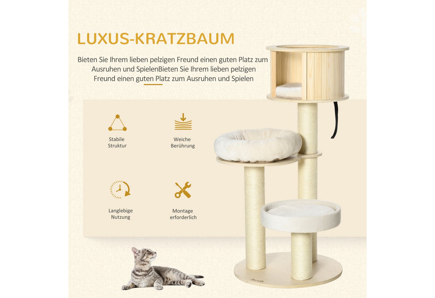 Thumbnail - MC Star Kratzbaum Katzenbaum mit Katzenhöhle 122cm hoch, drei Ebenen, Holz, Sisalstämme, Sisalstämme, Spielbälle für akt...