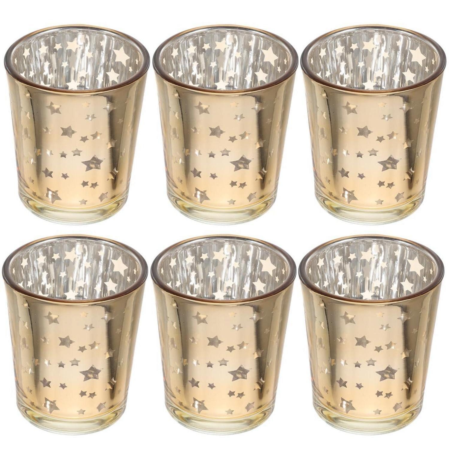 LuxusKollektion Teelichthalter Kerzenhalter Glas Sterne Gold 6er Set (6 St)
