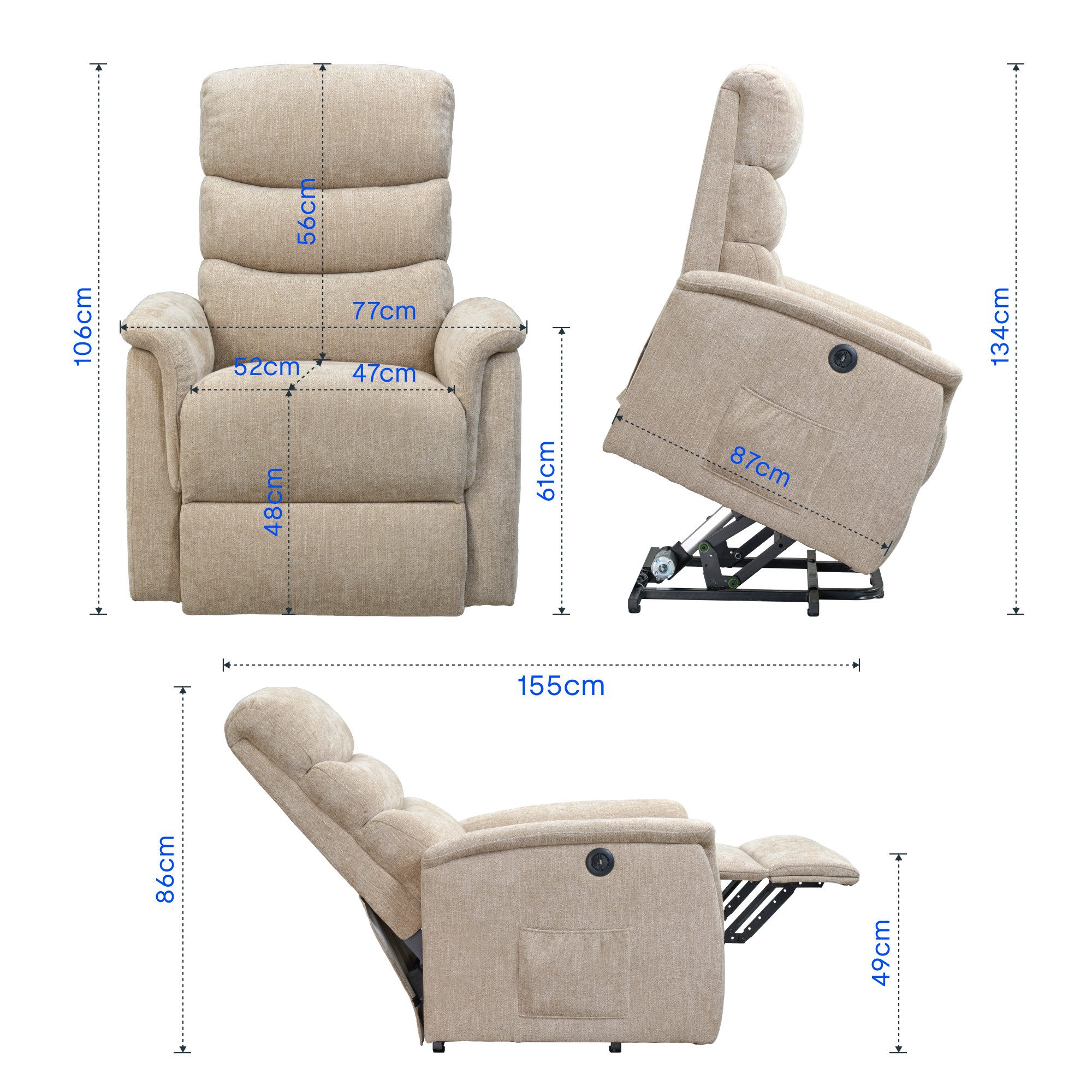 FLEXISPOT Sessel Multifunktionaler Elektrischer Relaxsessel Mit Aufstehhilfe (mit Sitzheizung-, Massage- und Liegefunktion, USB-Ladeanschluss und zusätzlicher Stauraum), 110° - 140° verstellbar