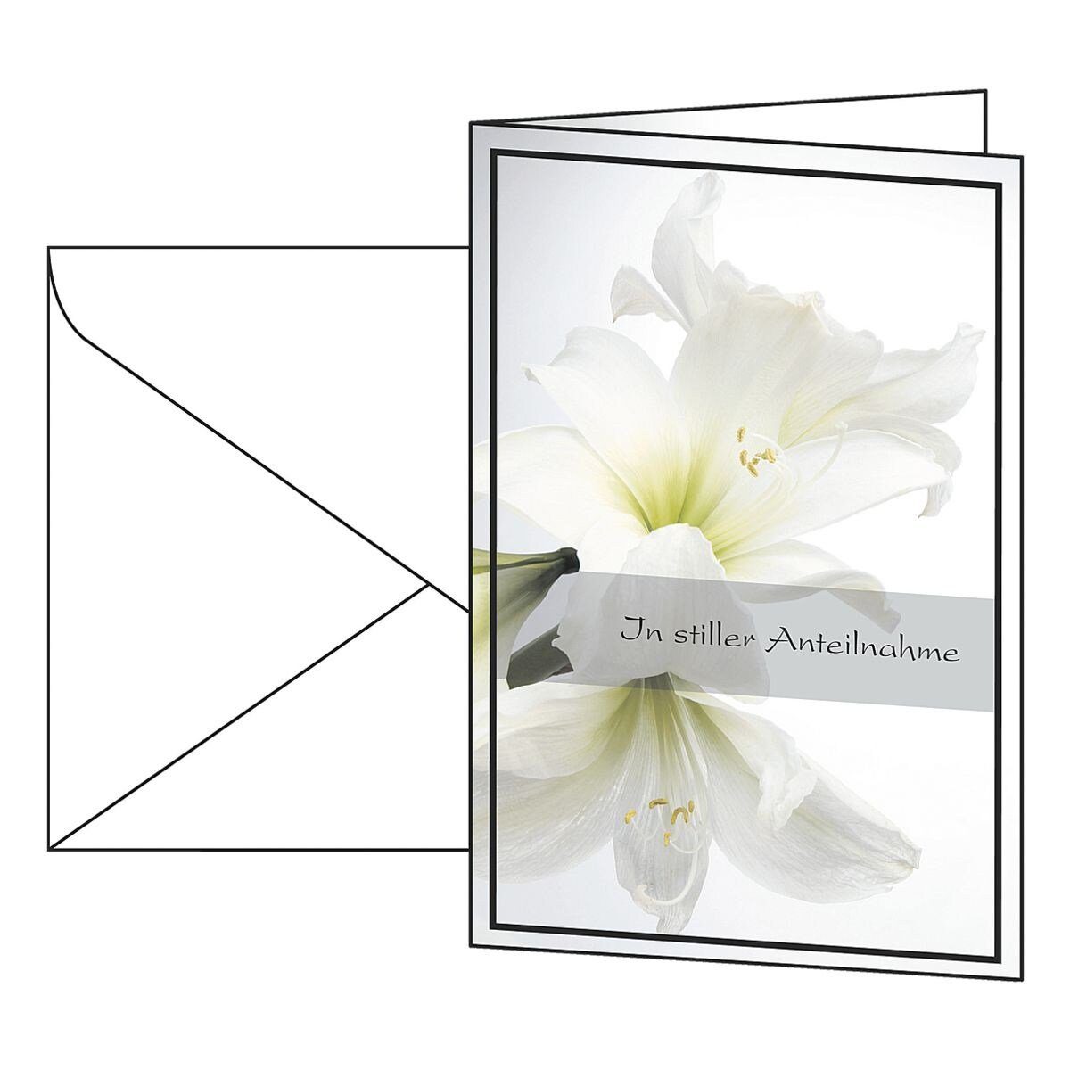 Karten inkl. Beileidskarte Umschläge Weiße Amaryllis, 10 mit Schriftzug, Trauerkarte Sigel