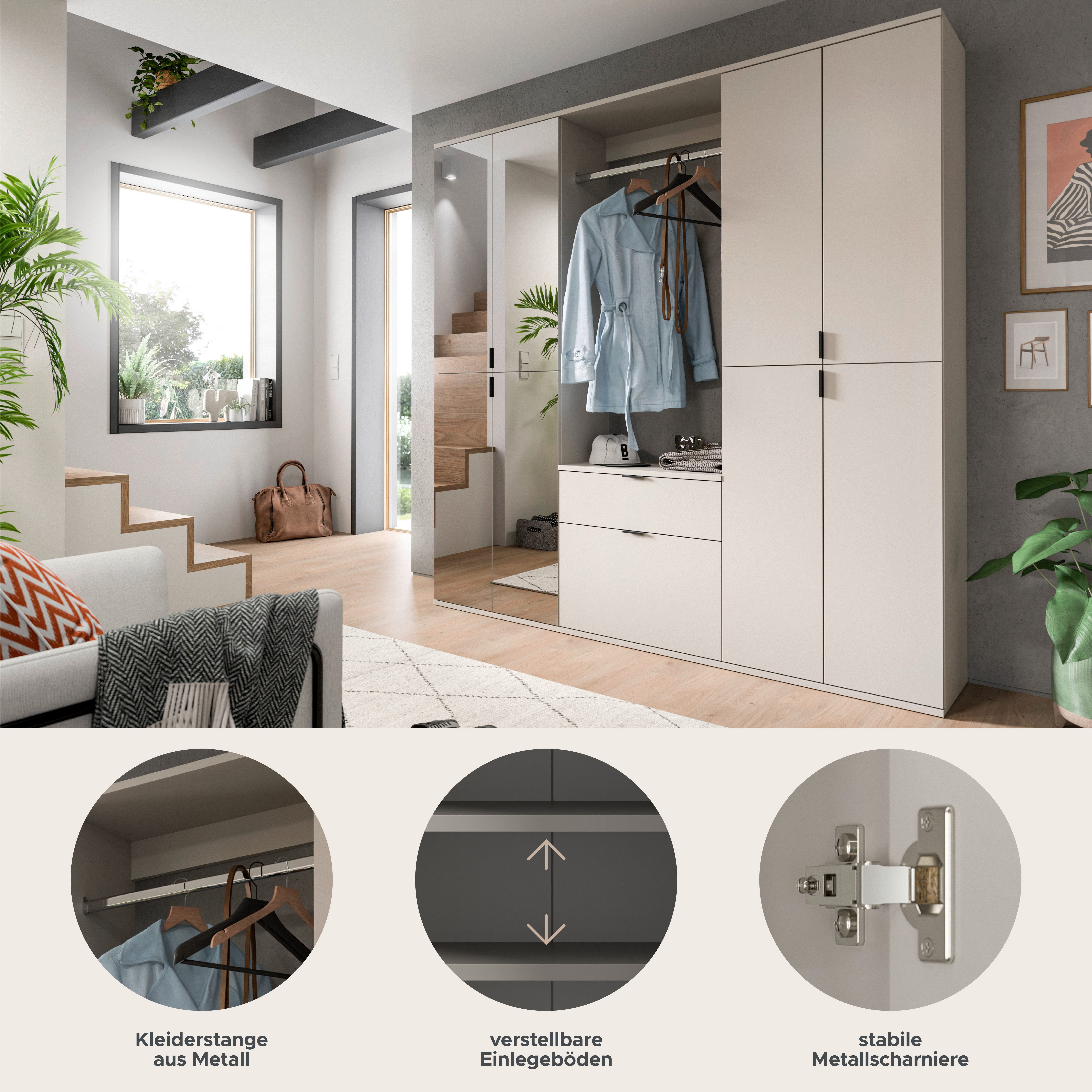 Home affaire Garderoben-Set TRONDHEIM, 5-teilig, Breite 183cm, individuell platzier- & erweiterbar, (Set, 4-St., bestehend aus: 2x Garderobenschrank breit & 3-tlgs. Zwischenbauelement), Garderobenschrank, Kleiderschrank, Schrankkombination, Garderobe
