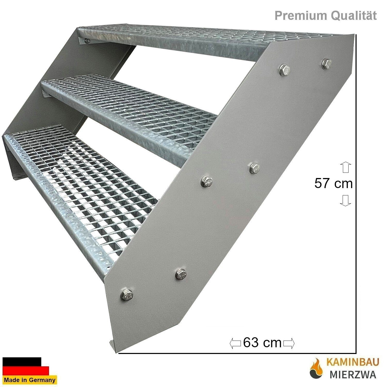 Kaminbau Mierzwa Außentreppe Premium Treppe Silber Höhe Verstellbar, für Geschosshöhen bis 57 cm, Stufen Gitterroststufen nach DIN 24531, (Höhe 57 cm, Breite wählbar aus 60, 80, 100, 120, 140 cm), Gartentreppe Stahltreppe Wetterfest Rostfrei Feuer-Verzinkt Rutschfest
