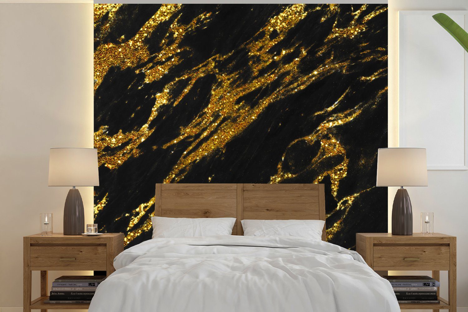 MuchoWow Fototapete Marmor - Gold - Glitter - Schwarz, Matt, bedruckt, (4 St), Vliestapete für Wohnzimmer Schlafzimmer Küche, Fototapete